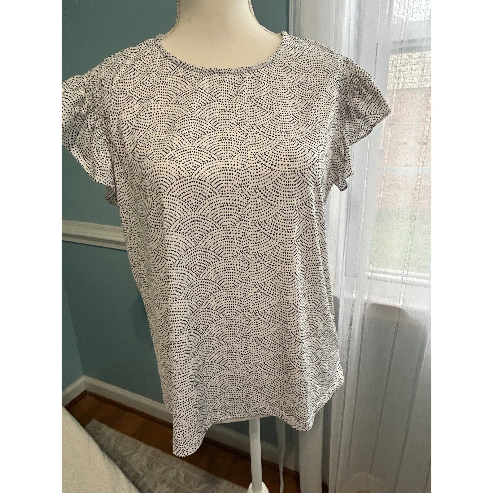 Adrianna Papell Womens Black White Dotted Scalloped Print Flutter Sleeve Top L