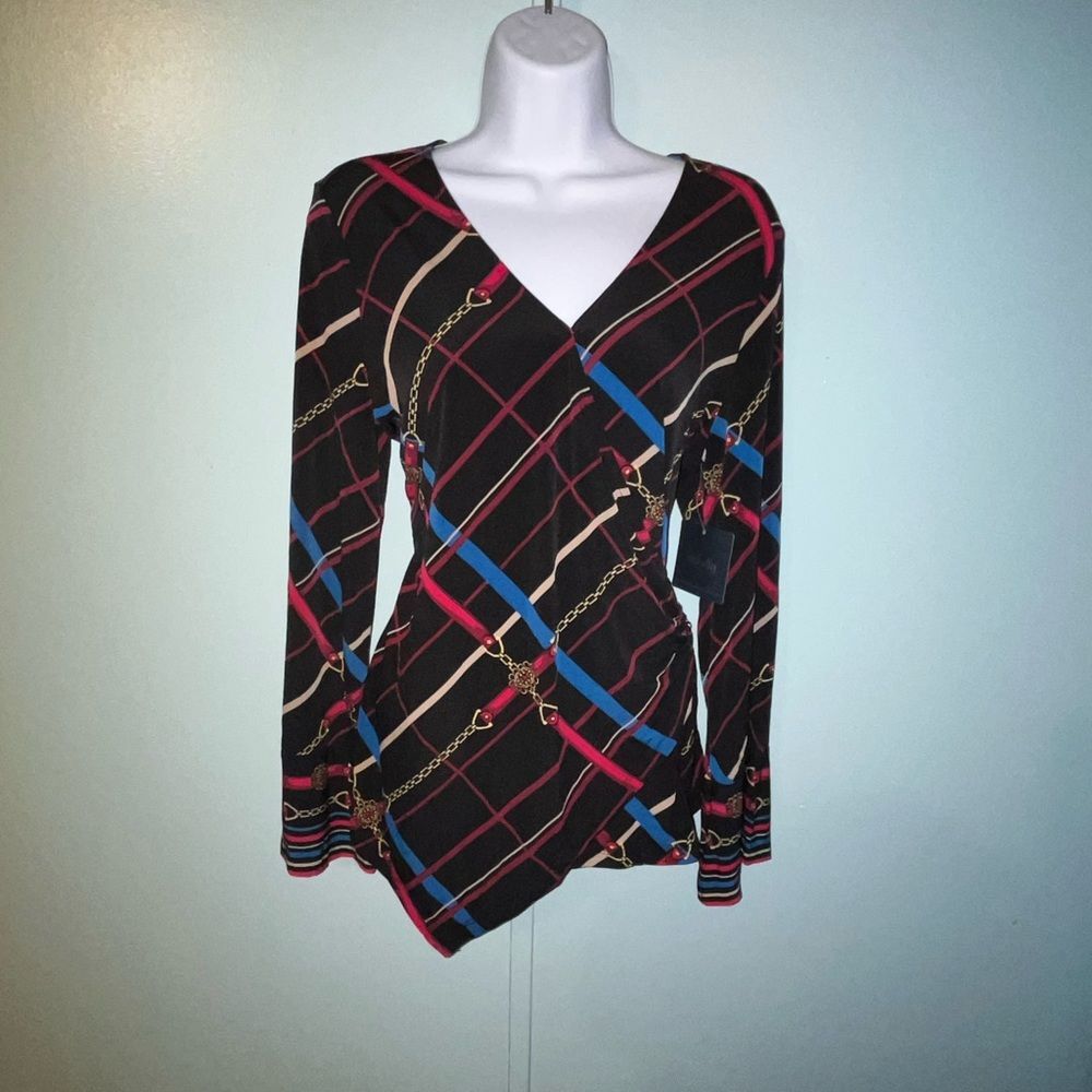G-19 NWT Rafaella Blouse Size M Black Pink Blue Tan Buckles