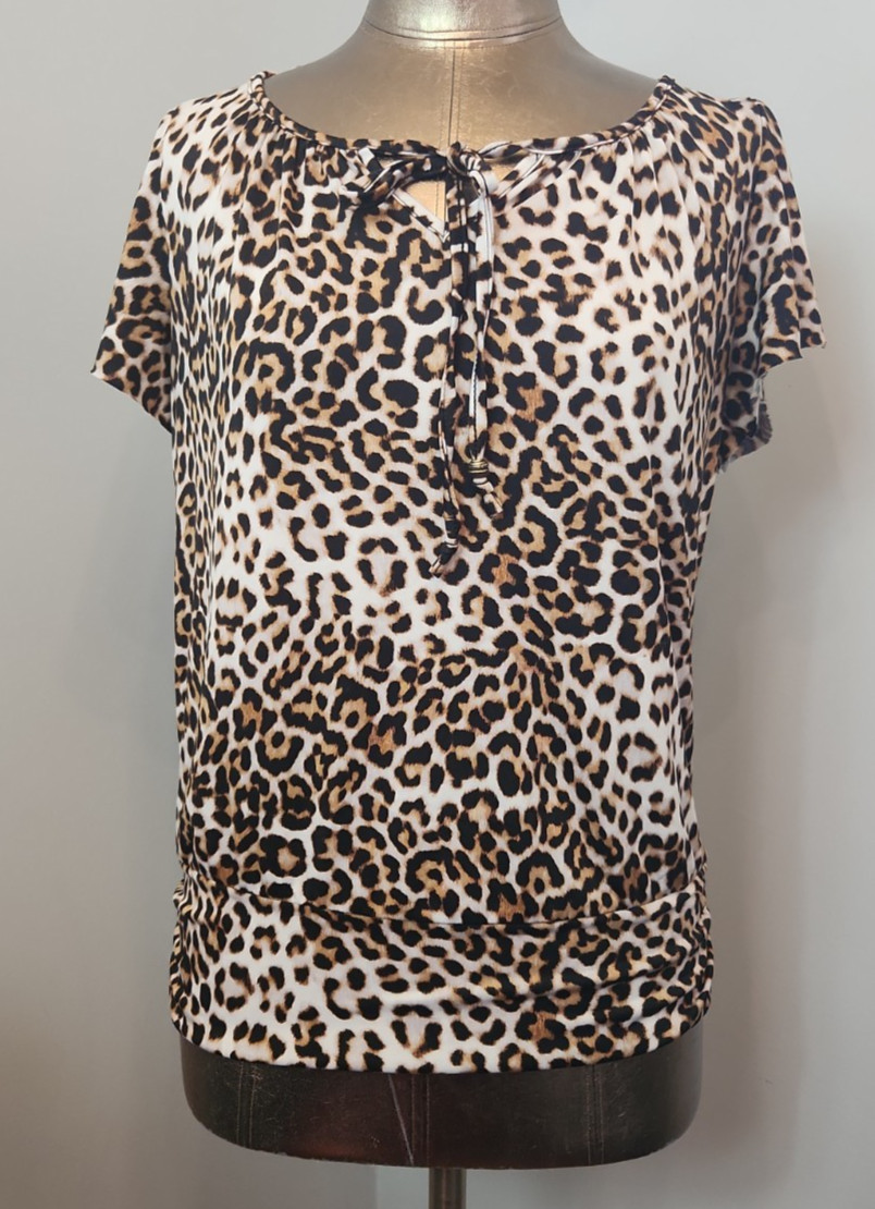 AB Studio Brown Animal Print Top Womens Size S Chest 41 Short Sleeve 205-36951