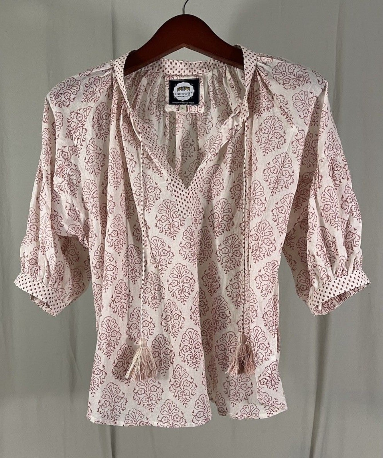 Alamwar Boho Puff Sleeve 3/4 Shirt Flowy Women’s Size L Cream & Pink