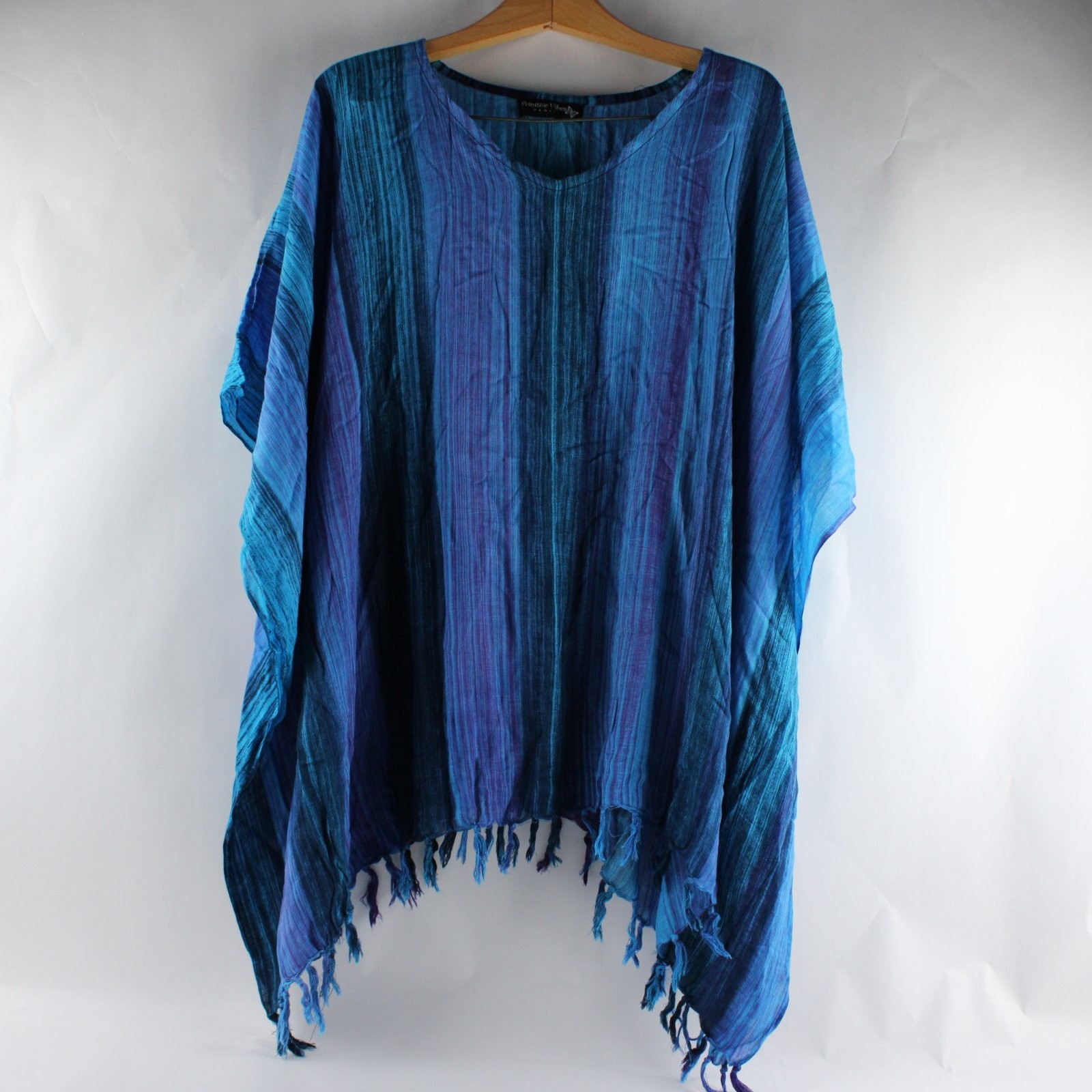 Primitive Vibes Hawaii Women’s Boho Fringe Blouse Purple Blue Rayon Loose
