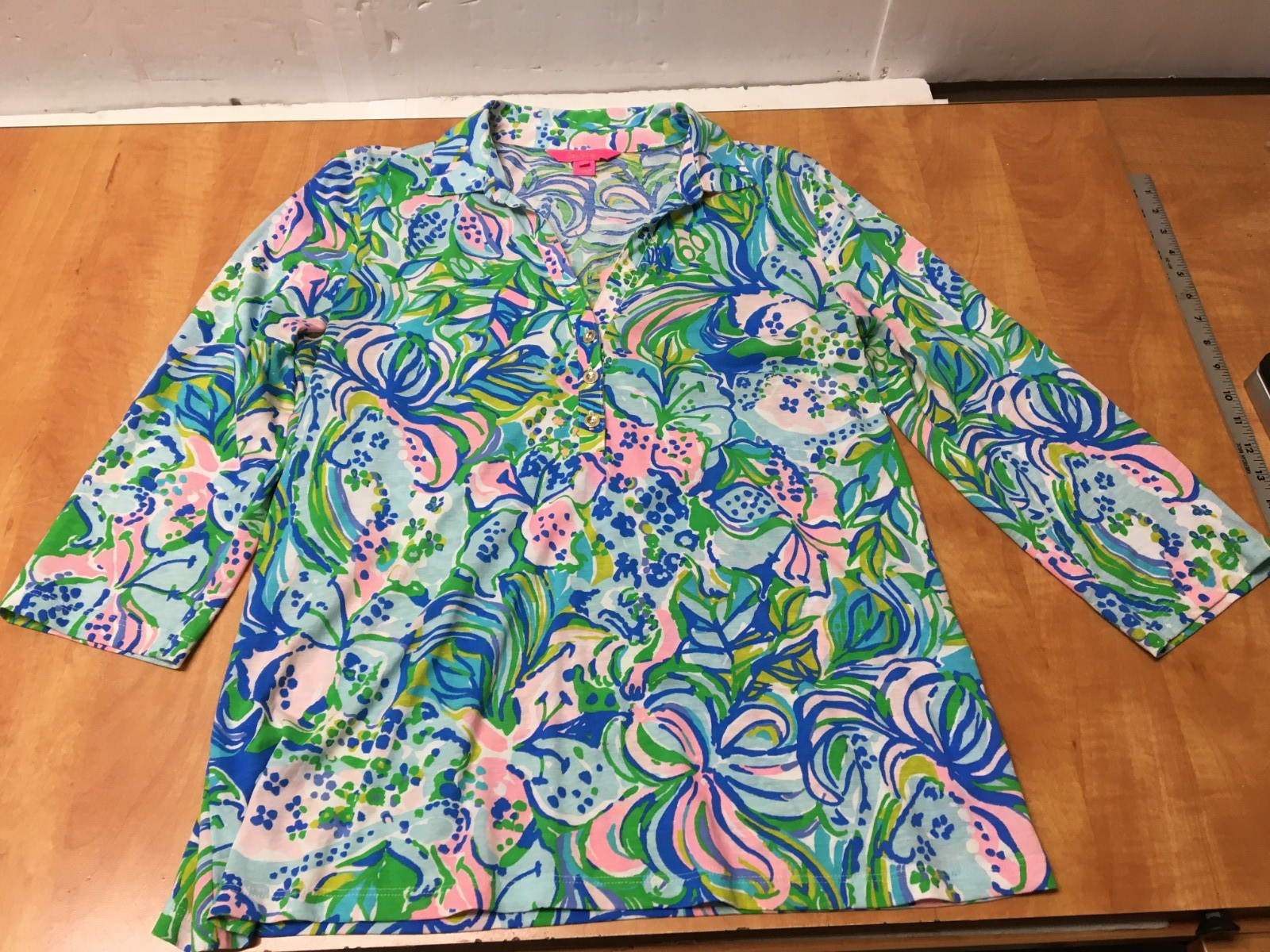 Lilly Pulitzer Pullover – Pink Green – Large 3/4 Sleeve 1/2 Button Pima Cotton