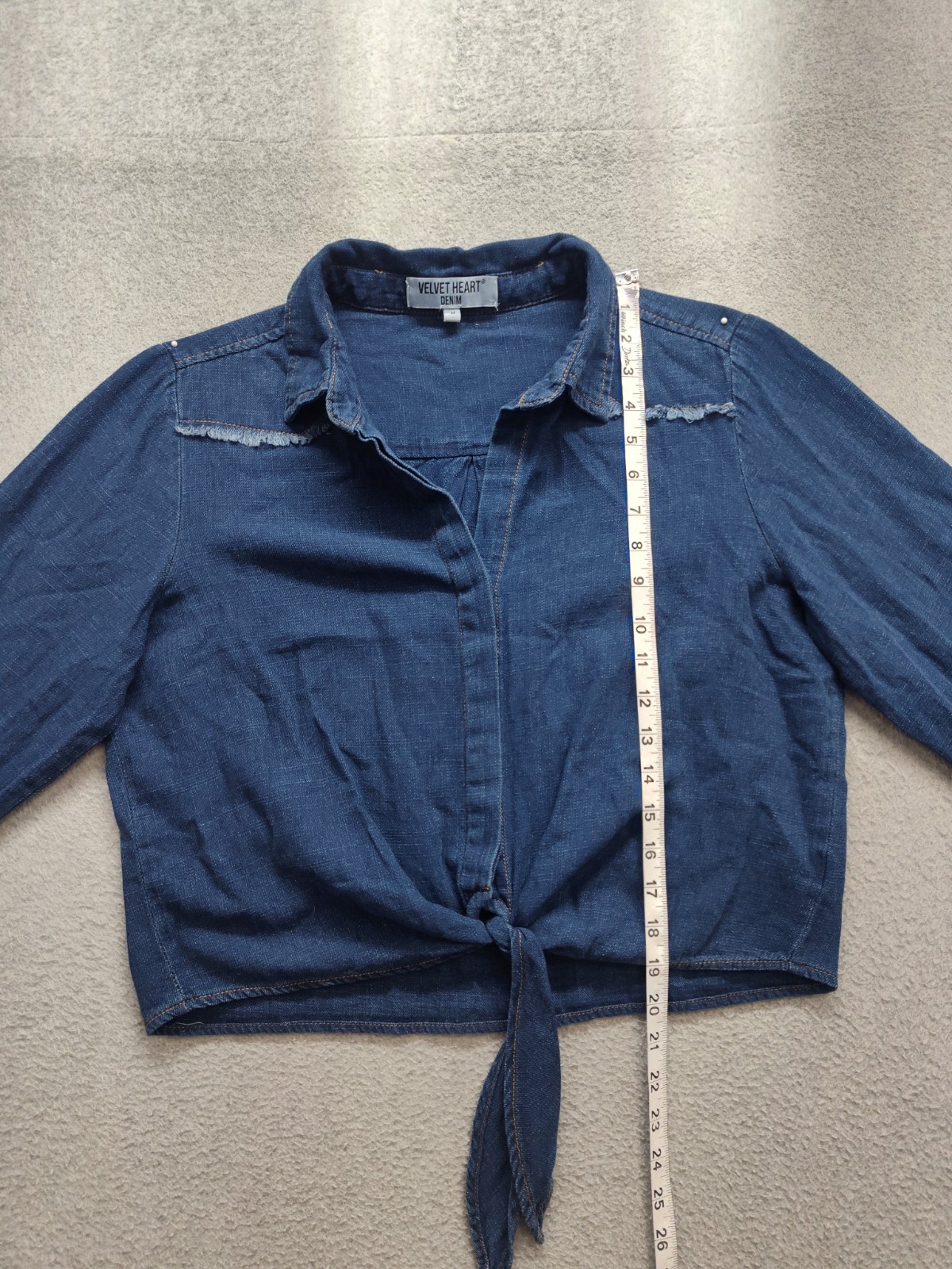 Velvet Heart Women Denim Shirt M Blue Tie Front Long Sleeve Dark Wash Streetwear