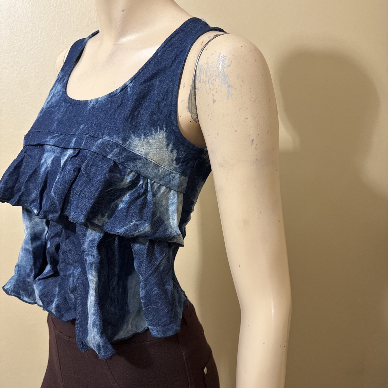 Women’s Blue Denim Cotton Casual Summer Open Stretch Zipper Size S Blouse Top