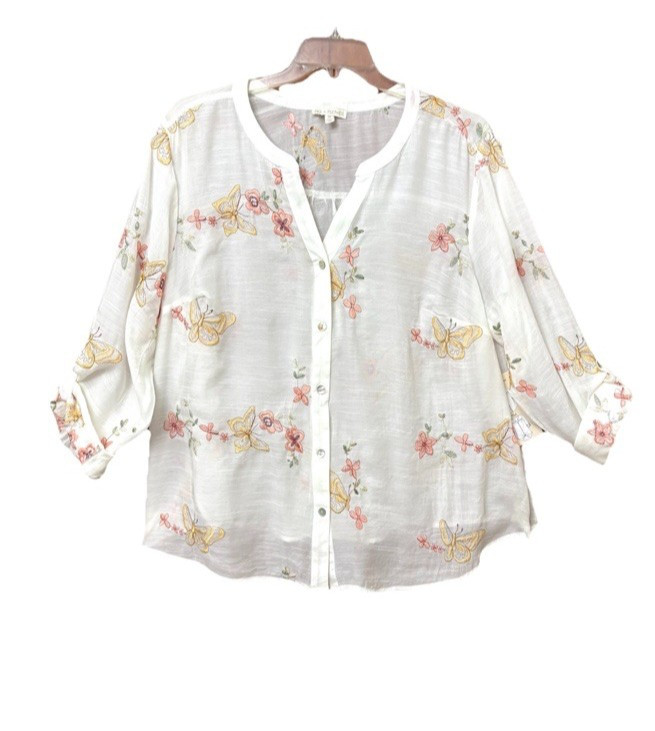 FIG & FLOWER EMBROIDERED TOP 2X/3X BOHO SHEER FLORAL BUTTERFLY RAYON ROLL TAB