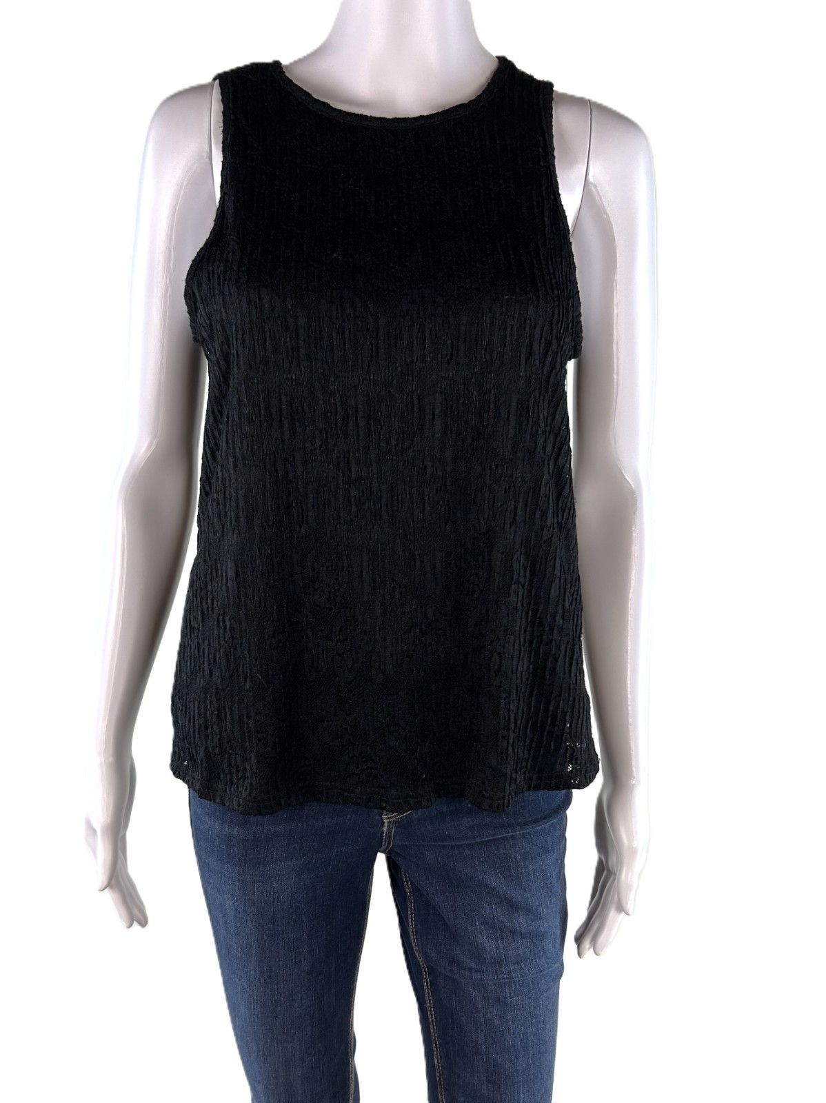 Vince Camuto Womens XS Floral Lace Crewneck Tank Top Rich Black NWT