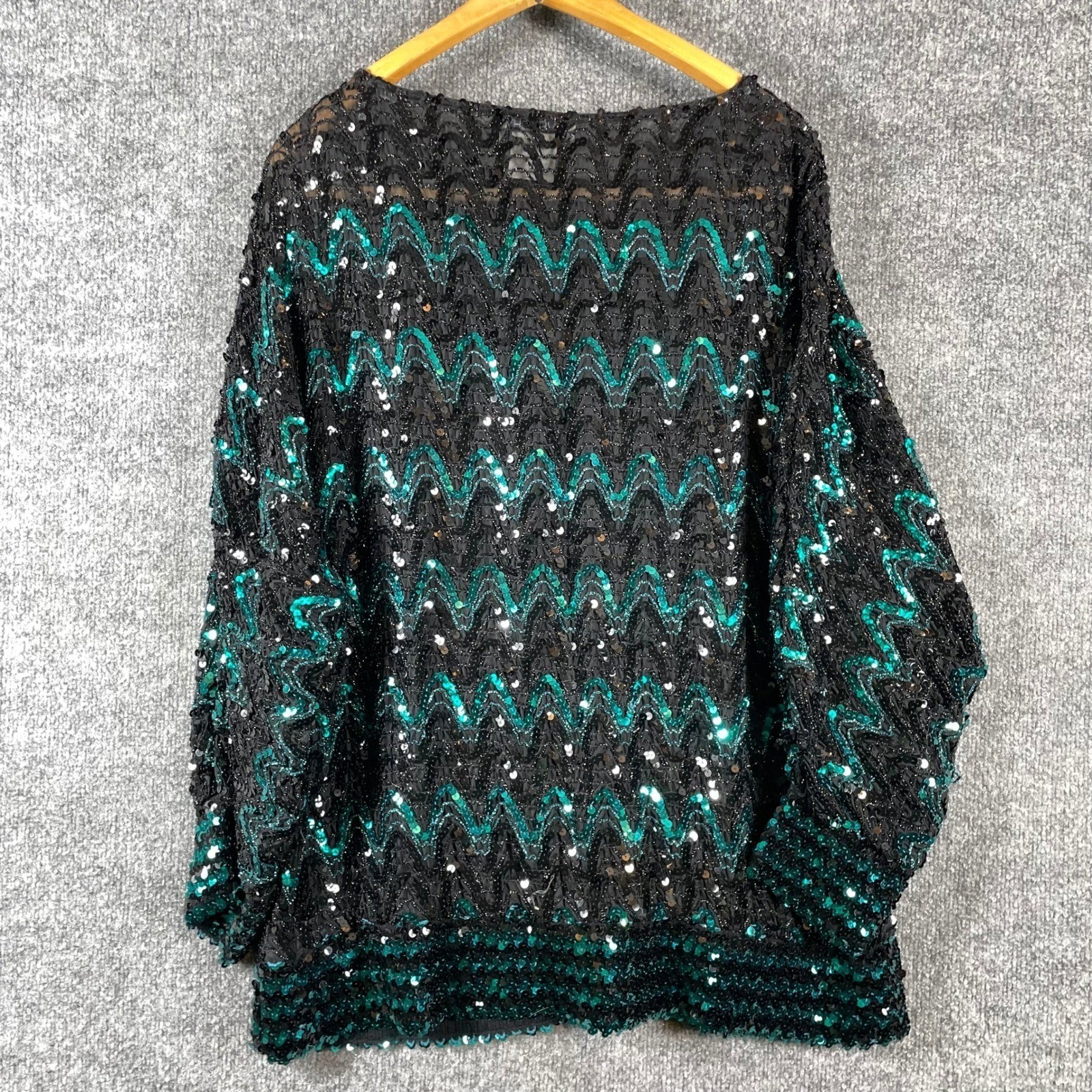 Vintage Givenchy Top Womens 18 W Black Teal Sequin Zigzag West Germany 80s Art