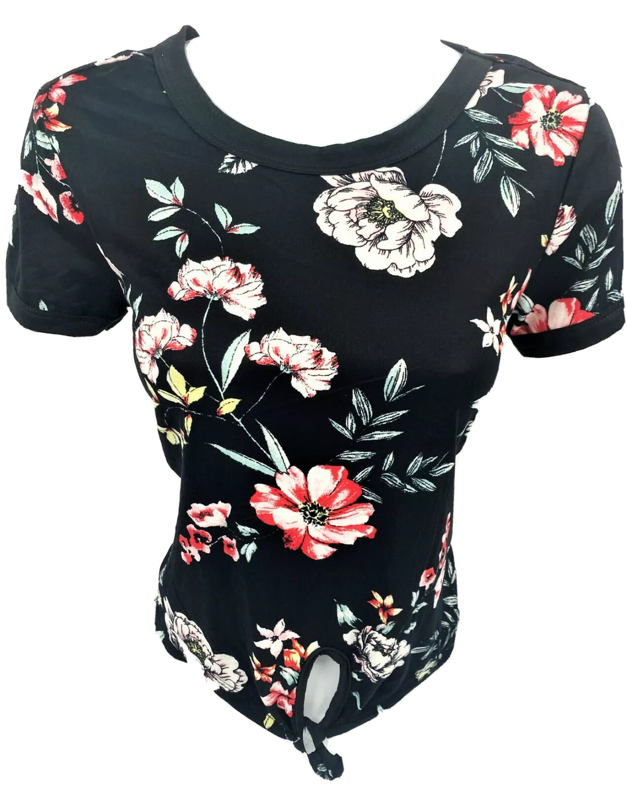 Junior Medium Black Floral Soft Jersey Knit Crew Neck Pullover Shirt Top Tie Bot
