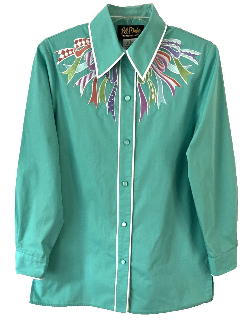 Bob Mackie Button Embroidered Bow Shirt Small Green Long Sleeve Womens CBR27