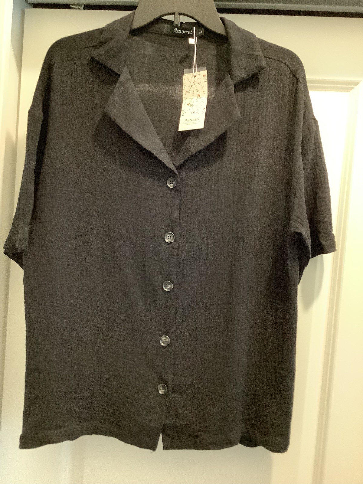 AUTOMET NEW WITH TAGS BLACK GAUZE BUTTON DOWN SHORT SLEEVE TOP COLLAR SZ LARGE
