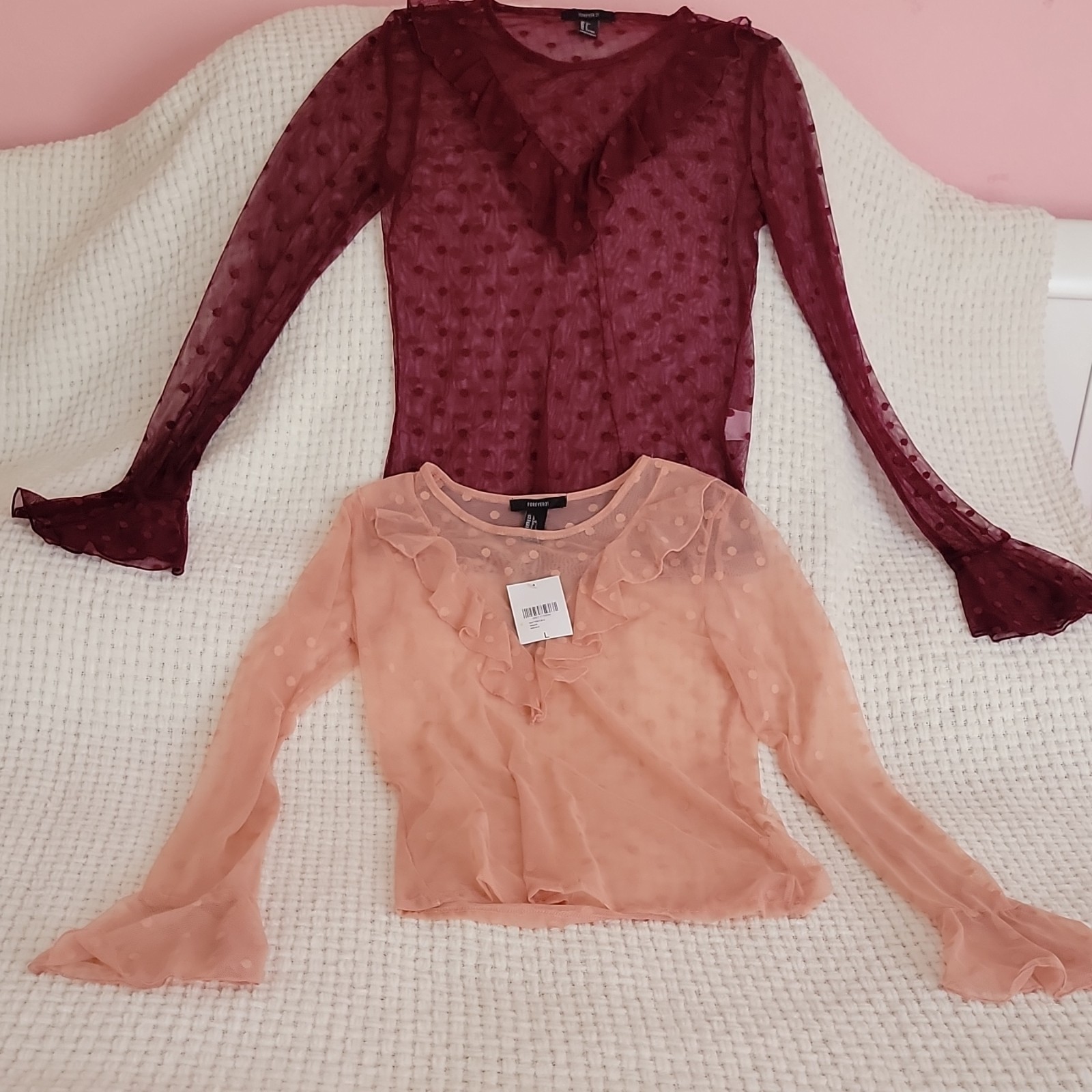 Forever 21 Mesh Polka Dot Ruffle Bell Sleeve Blouse Mauve V-Neck L