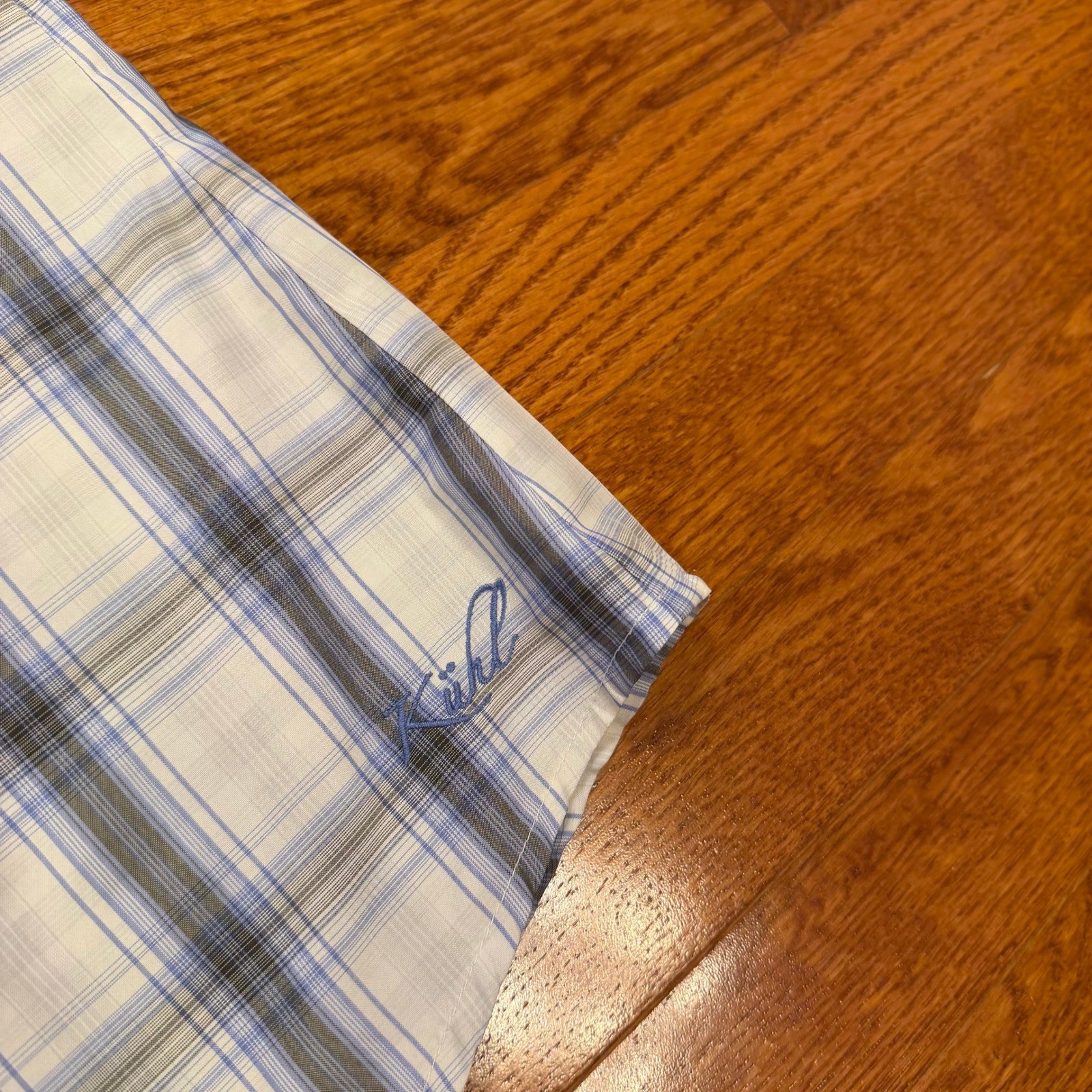 Kuhl Ionik Performance Button Down Shirt Womens Large White Blue Plaid Hiking
