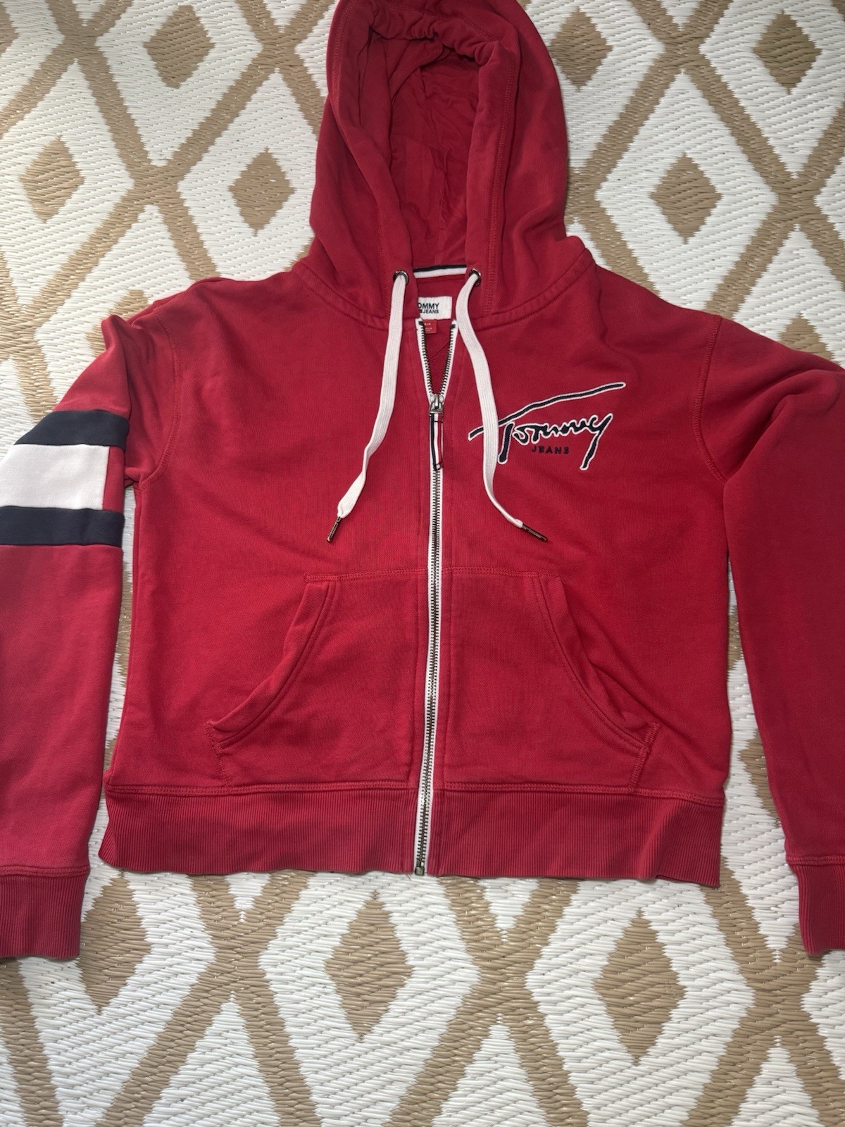 Tommy Jeans women’sRed Graphic Logo Full Zip Hooded Hoodie Pockets Cotton/Poly S
