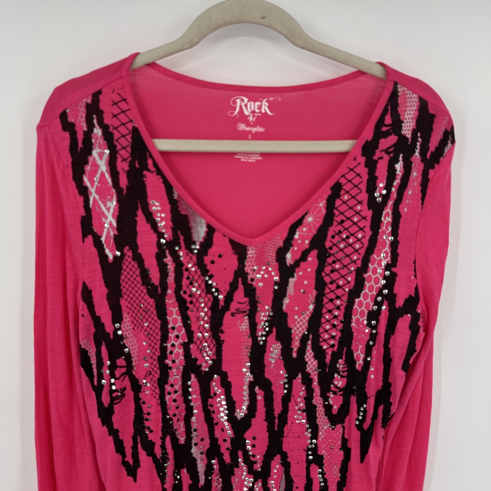 Rock 47 by Wrangler Shirt Womens Large Pink Sequin V Neck Tunic High Low