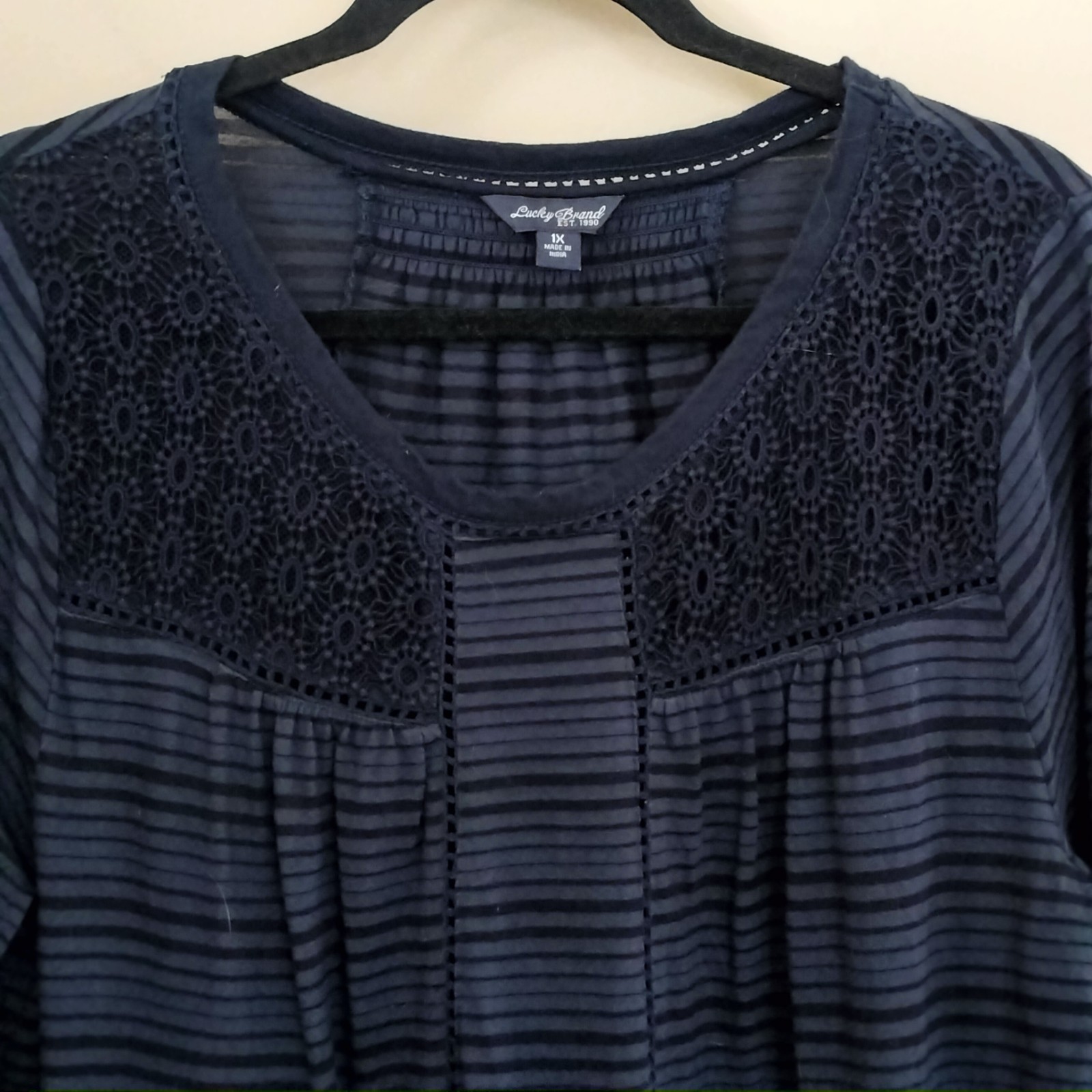 Lucky Brand 1X Cotton Blend Blue Stripe Embroidery Shirt Top Bohemian Western