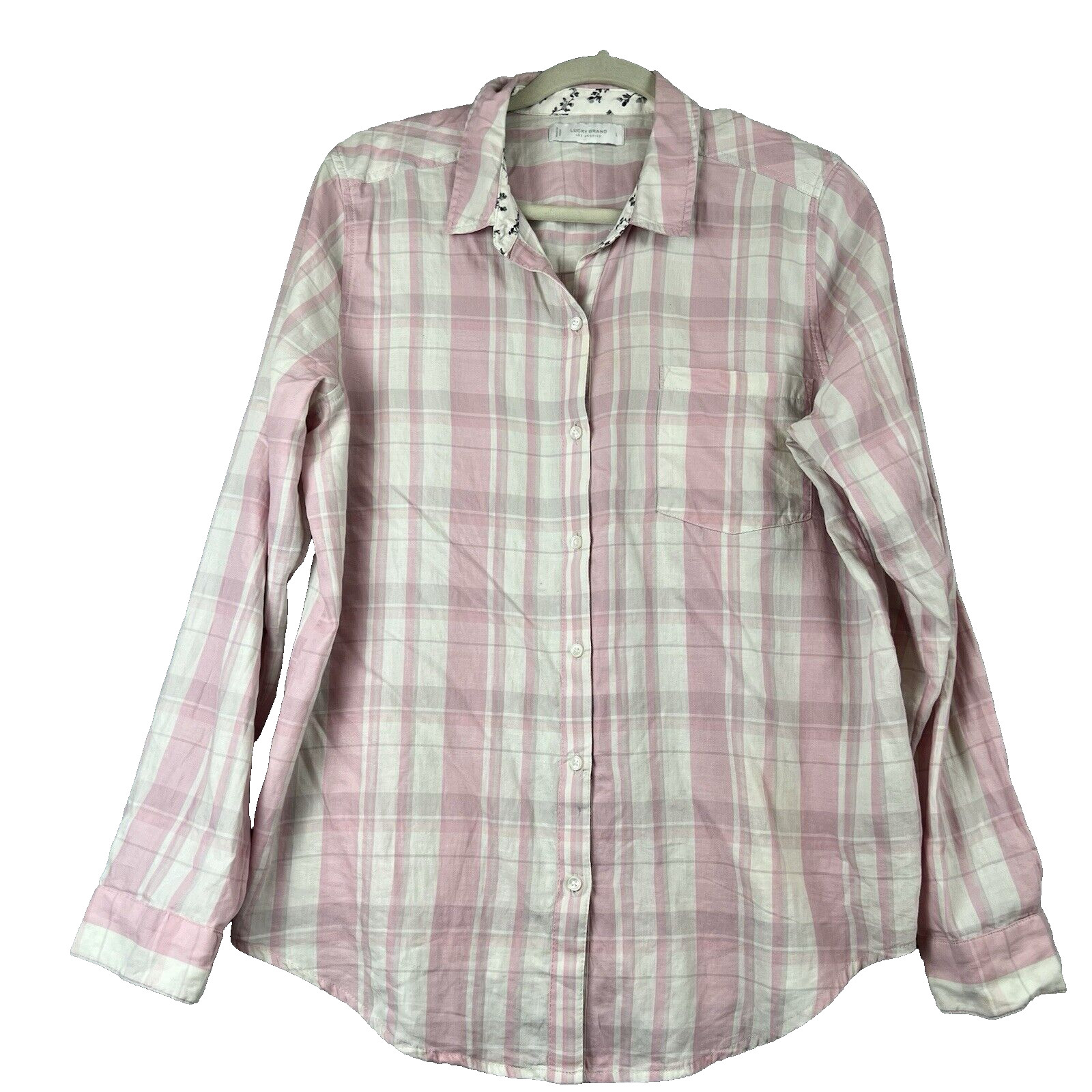 Lucky Brand Shirts Women Large Pink White Plaid Lightweight Button Flip Cuff