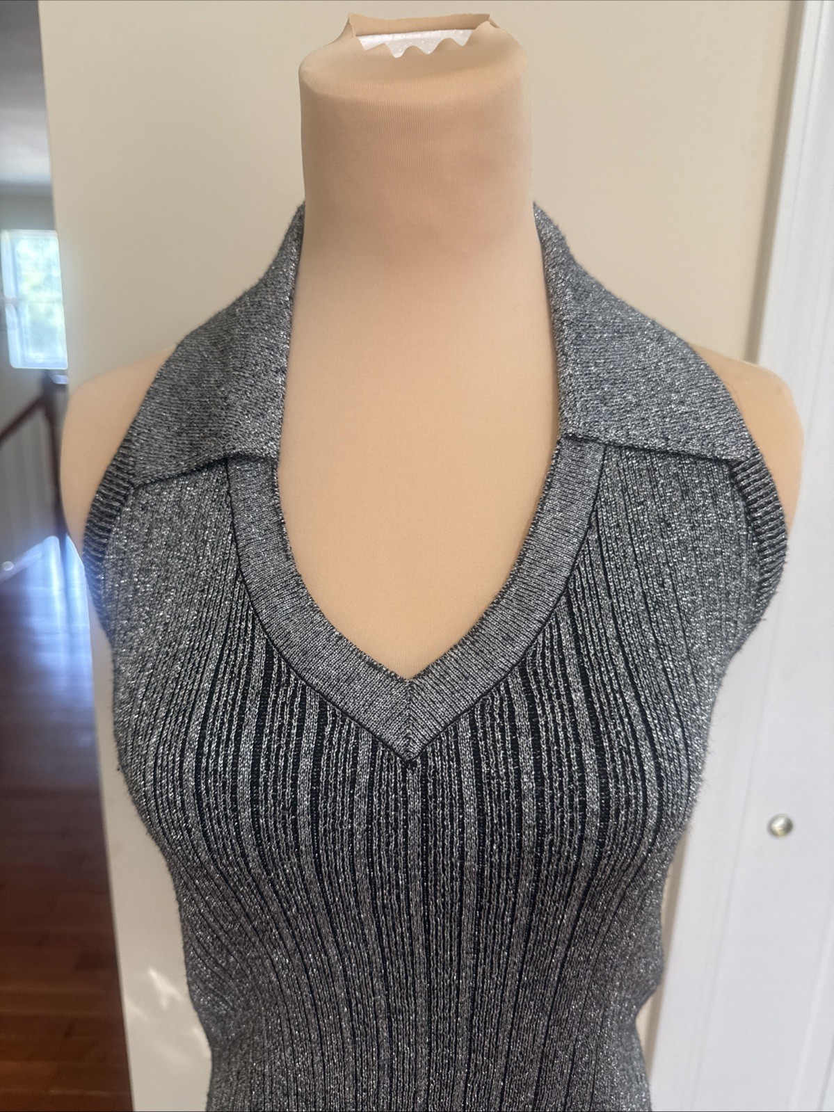 Halter Top Silver Sparkle w Collar Large Duel Knit Top