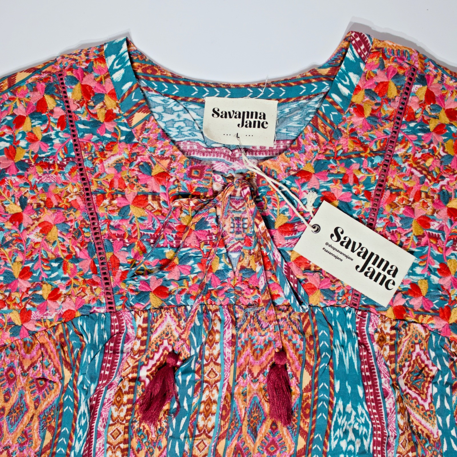 NWT Savanna Jane Pink Red Embroidered Tasseled Blouse Top Boho Festival Women L