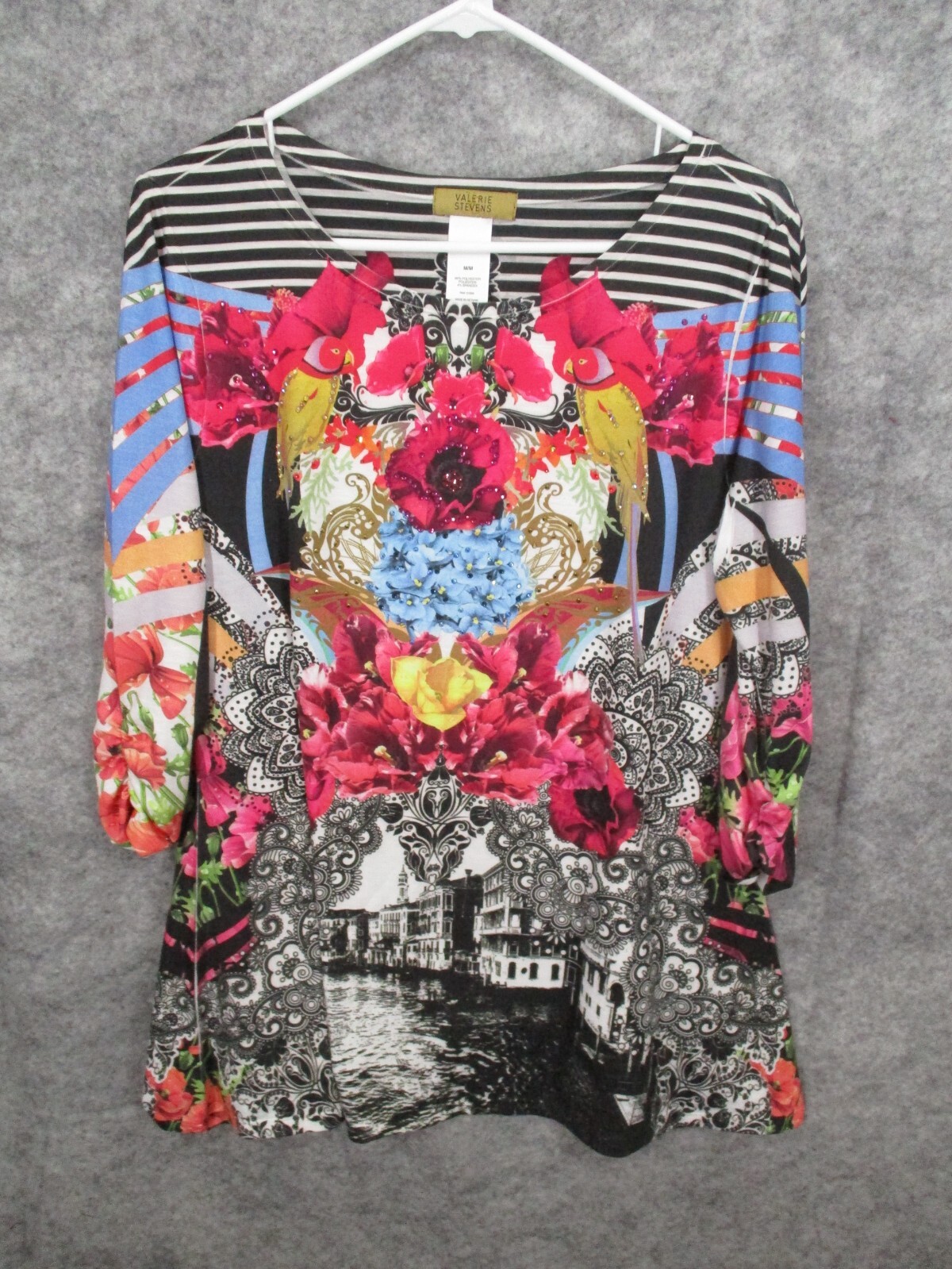 Valerie Stevens Women’s Top Medium Flowy Scoop Neck Striped Floral Stretch Black