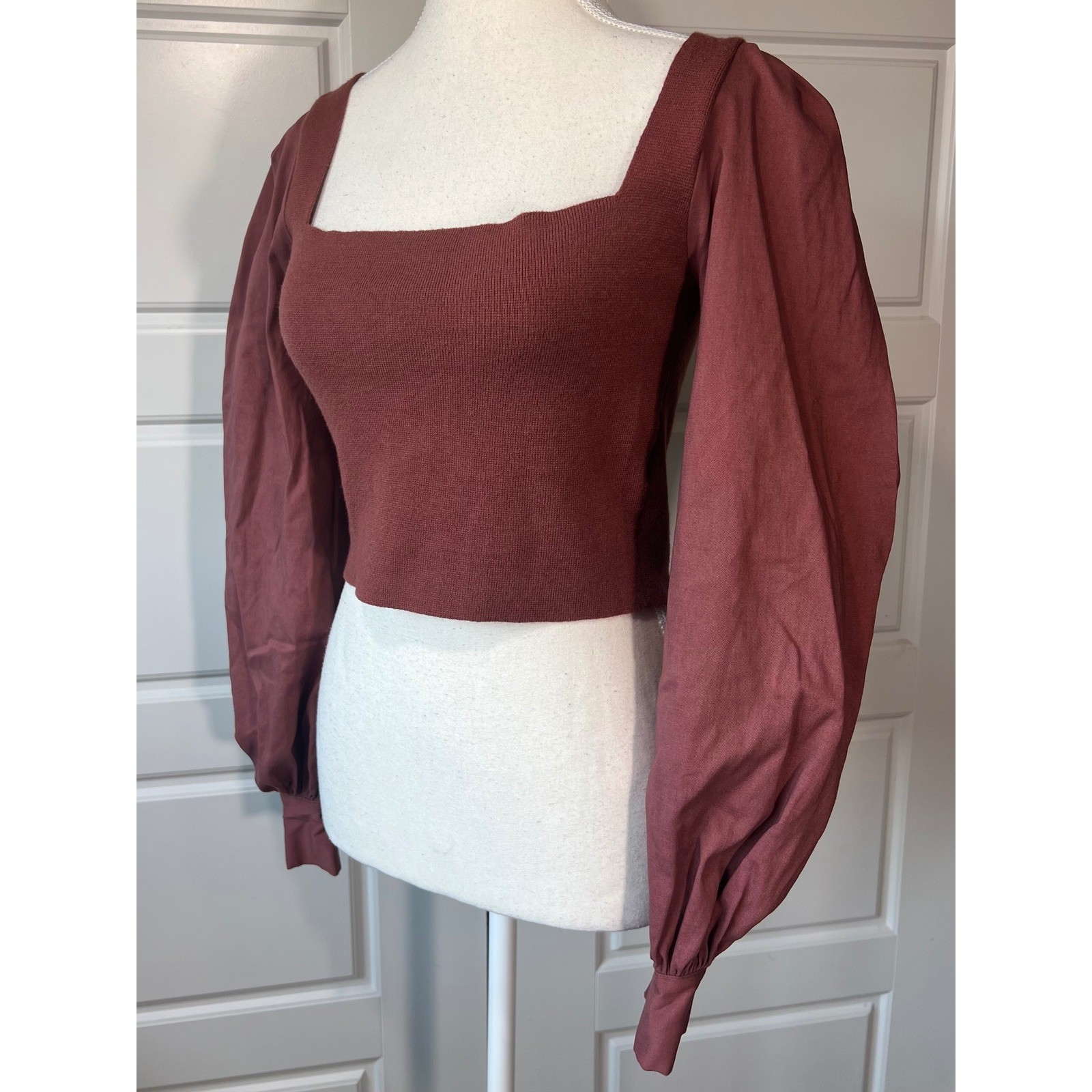 Blue Blush Top Knit Bodice Balloon Sleeve Square Neck Blouse Small S