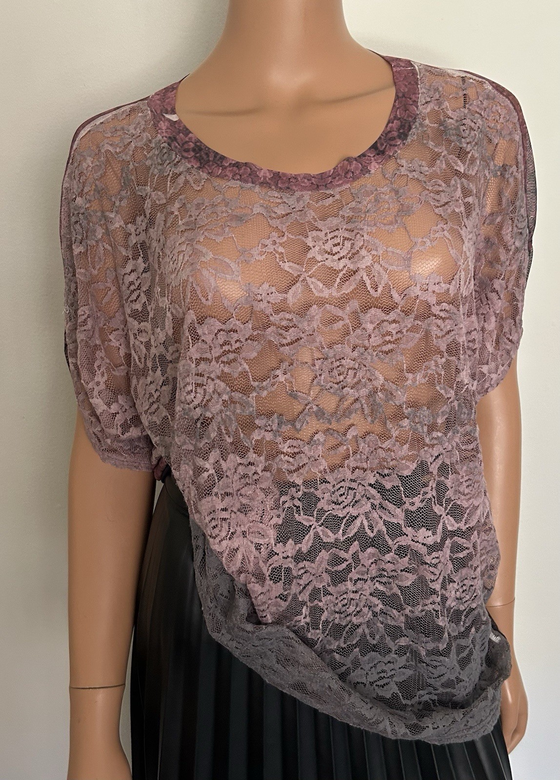 Blue Vanilla Sheer Lace Ombre Oversized Tunic Blouse Mauve Gray M Relaxed Fit