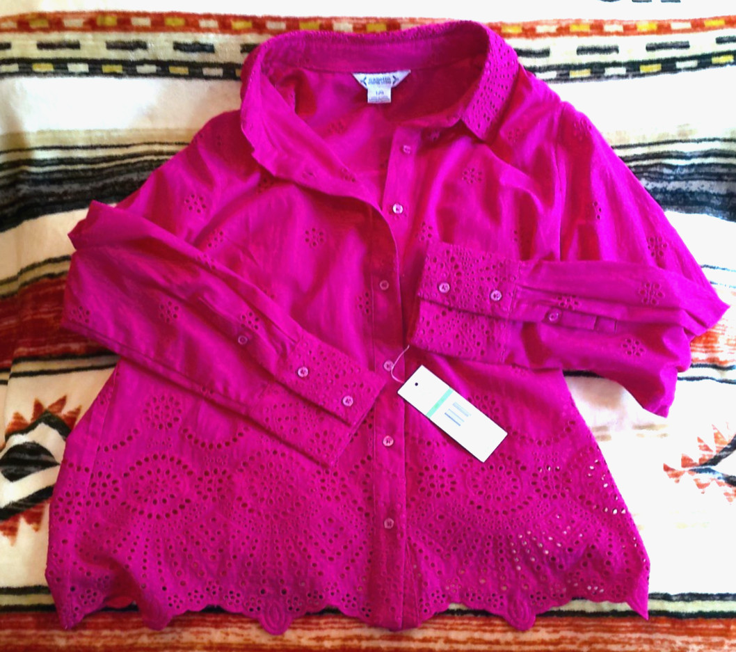 NANETTE LEPORE LARGE EYELET BLOUSE CAMI SET PRIM ROSE PINK LSLV COLLAR NWT $88