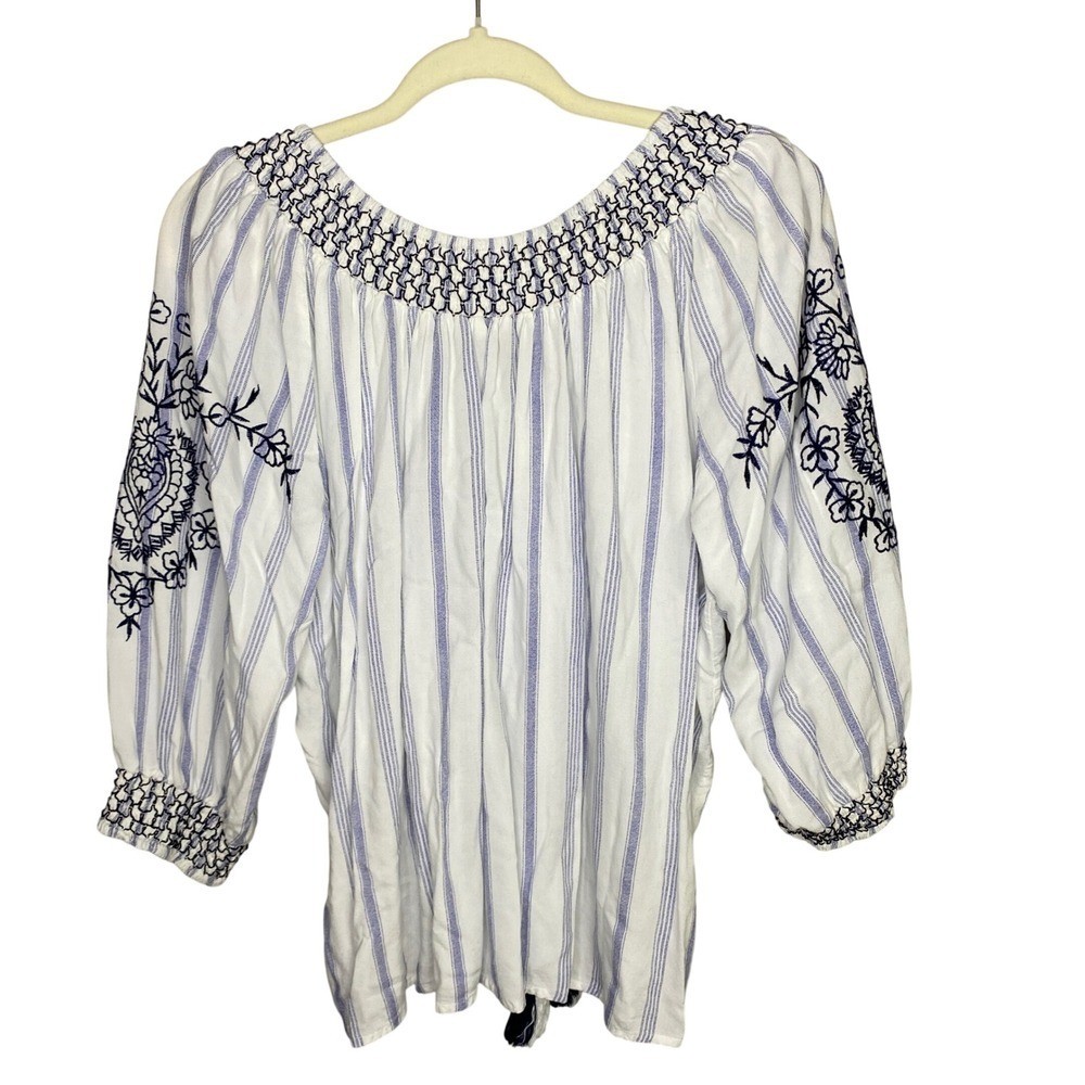Magnolia Lane Blue White Striped Embroidered Boho Peasant Blouse Top Womens M