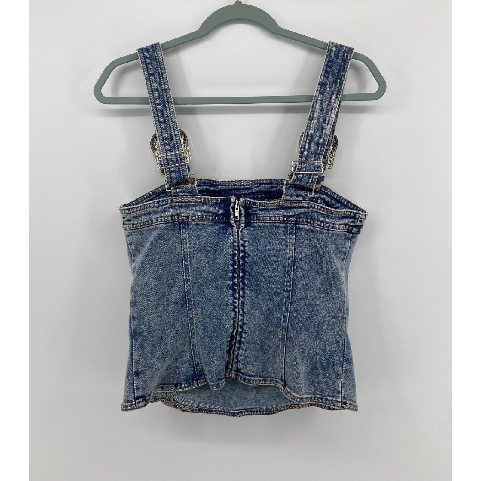 Blue B Collection Denim Corset Top Western Buckle Strap Acid Wash Blue Medium