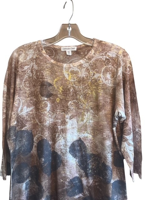 VTG Coldwater Creek Fits Medium Browns Taupe w/ Gold Abstract Knit Tunic Top