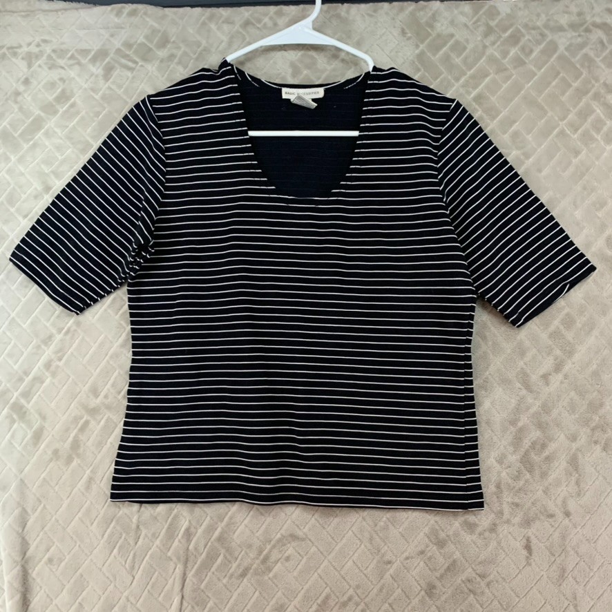 Basic Necessities Shirt Womens M Black Striped Short Sleeve Nylon Blend