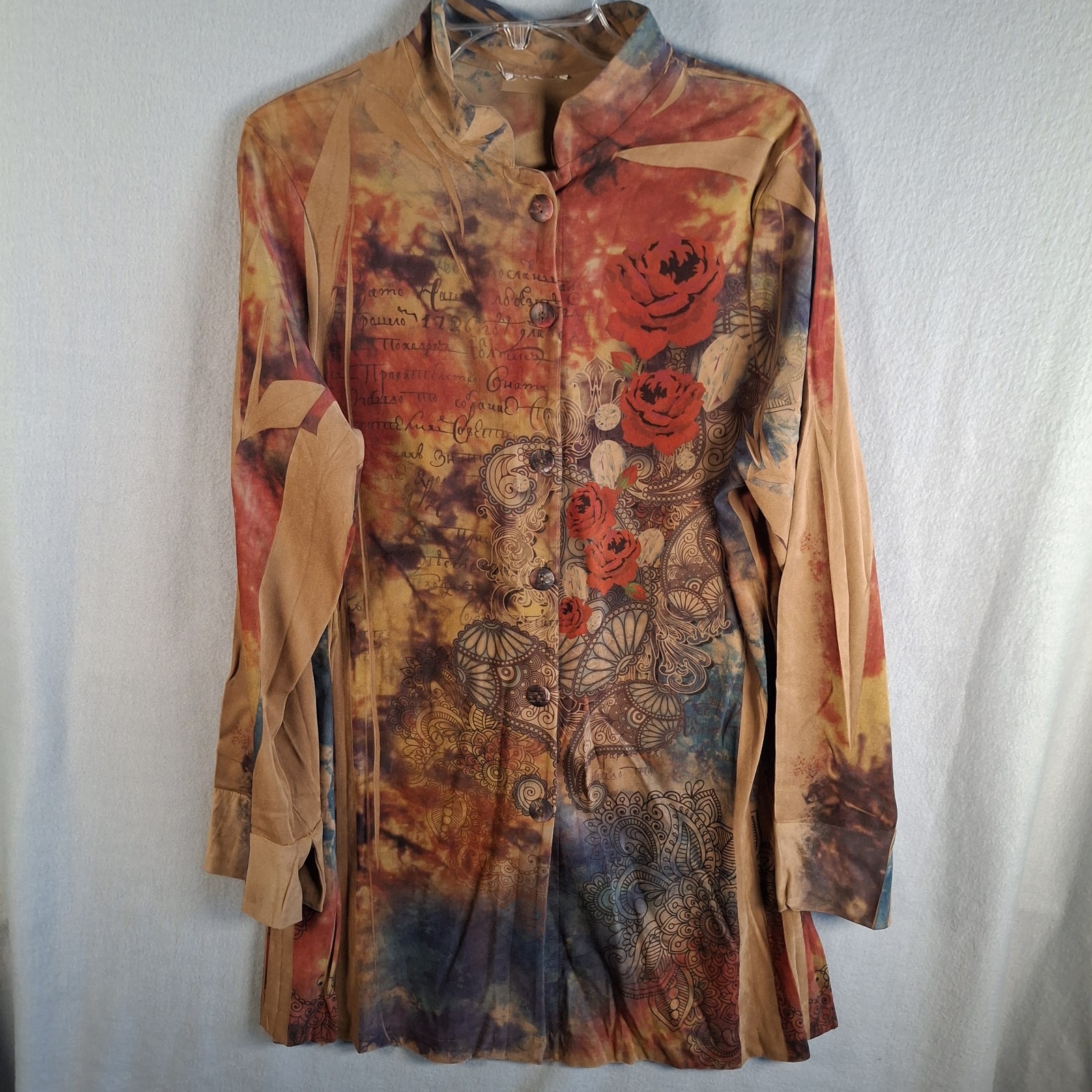 FANTAZIA Lagenlook Tunic Shirt 1X Art To Wear Rose Floral Script Made in USA ITY