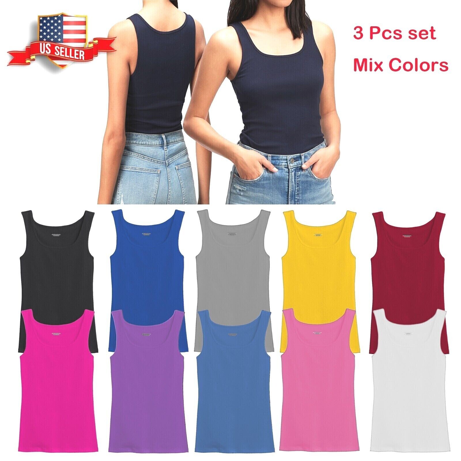 3Pcs Women 100% Cotton Round Neck Ribbed Tank Top Sleeveless Shirts Mix Colors