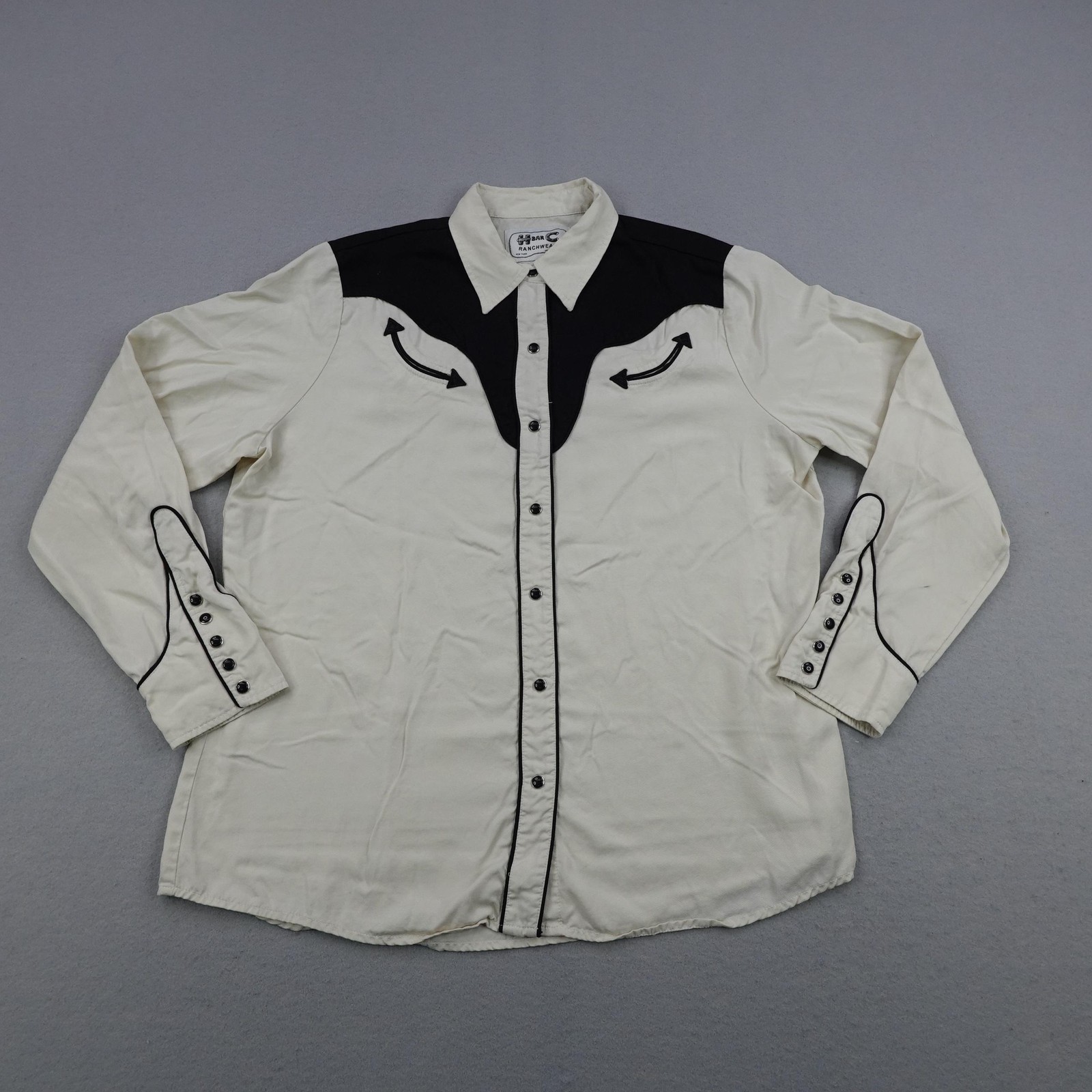 Vintage H Bar C Ranchwear Shirt Womens XL White Western Pearl Snap Smile Pockets