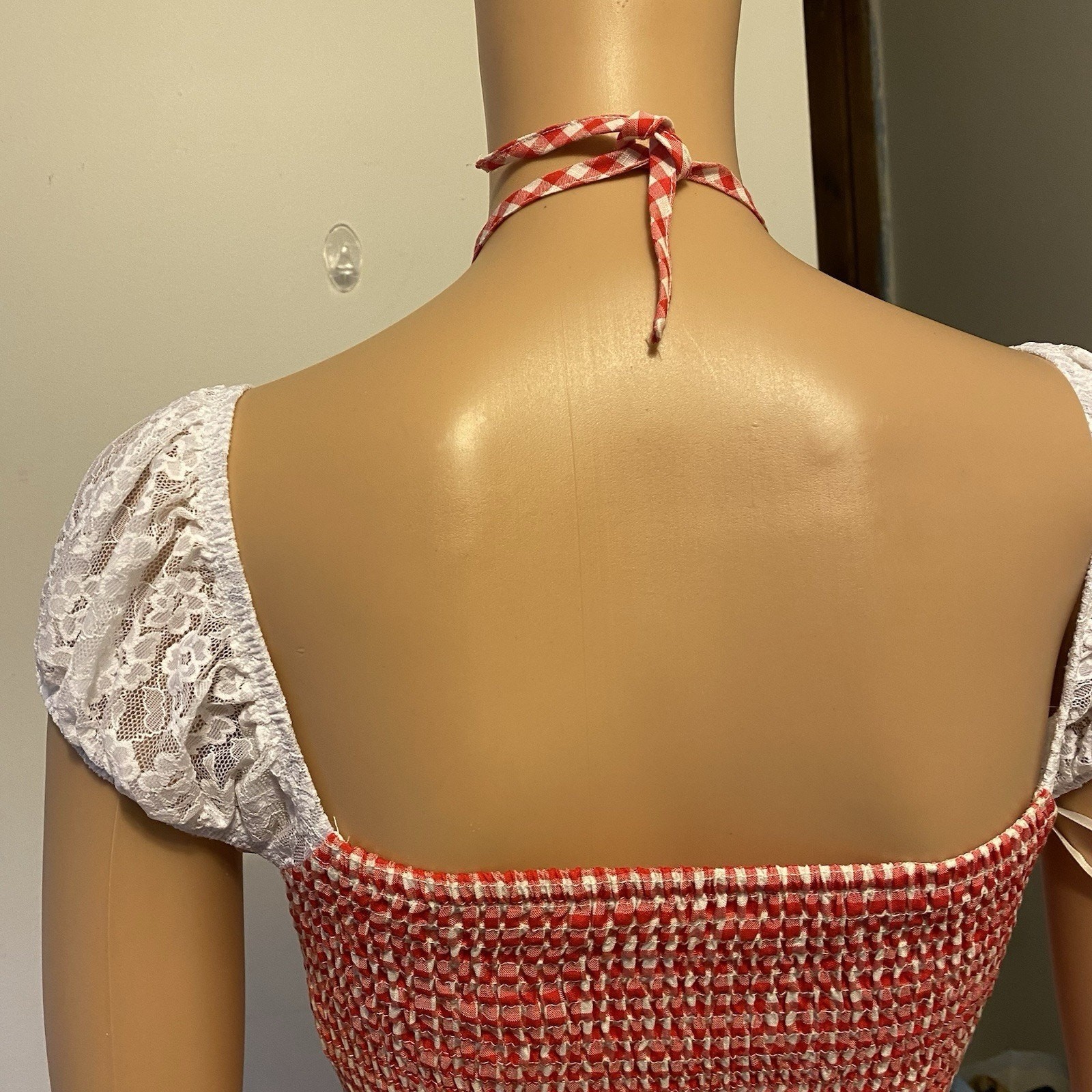 Milkmaid Babydoll Coquette Crop Tank Top Red White Gingham Lace Ruffle Fairy XS