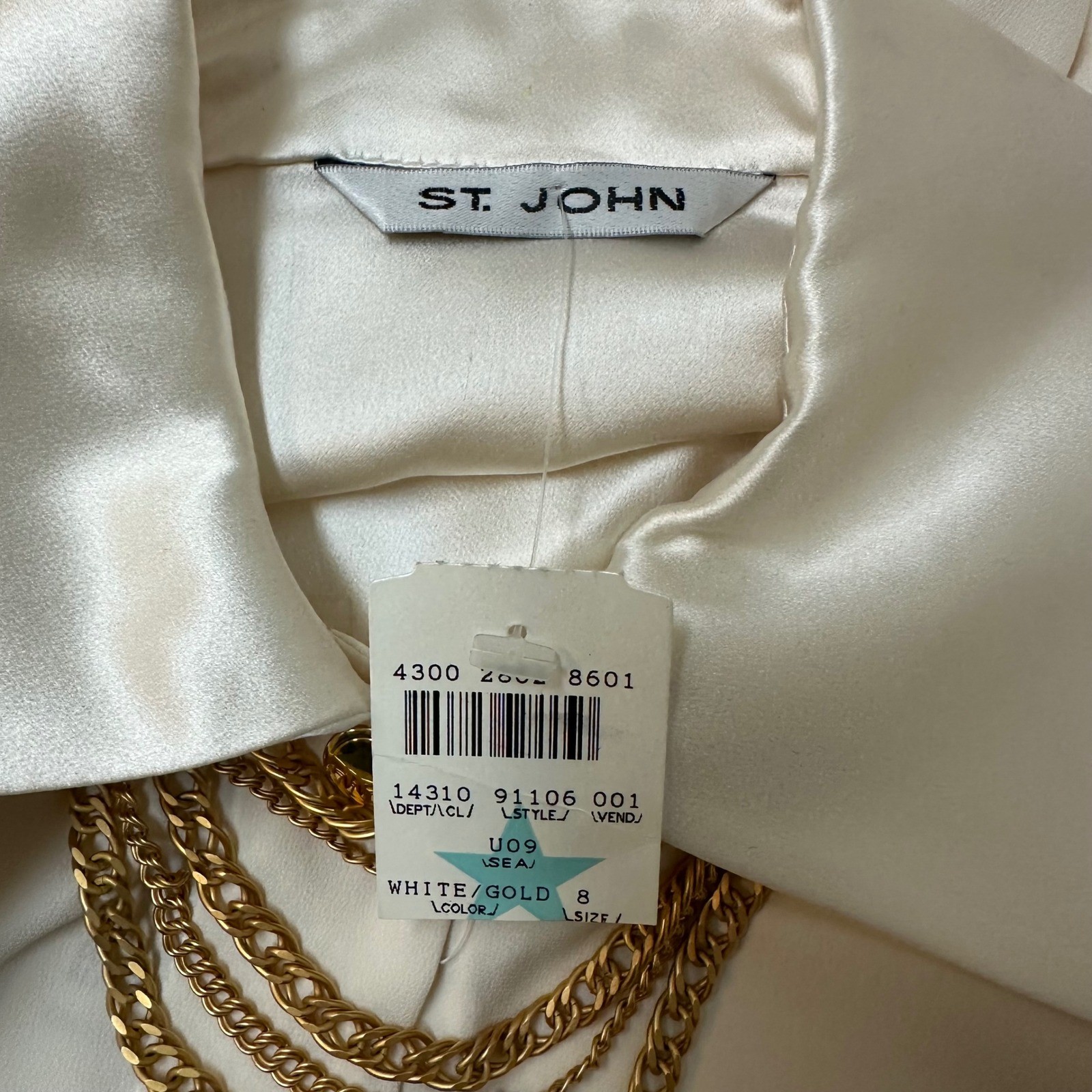 Vintage St John Silk Satin Crepe Blouse Gold Chain Detail Size 8 NEW *FLAW