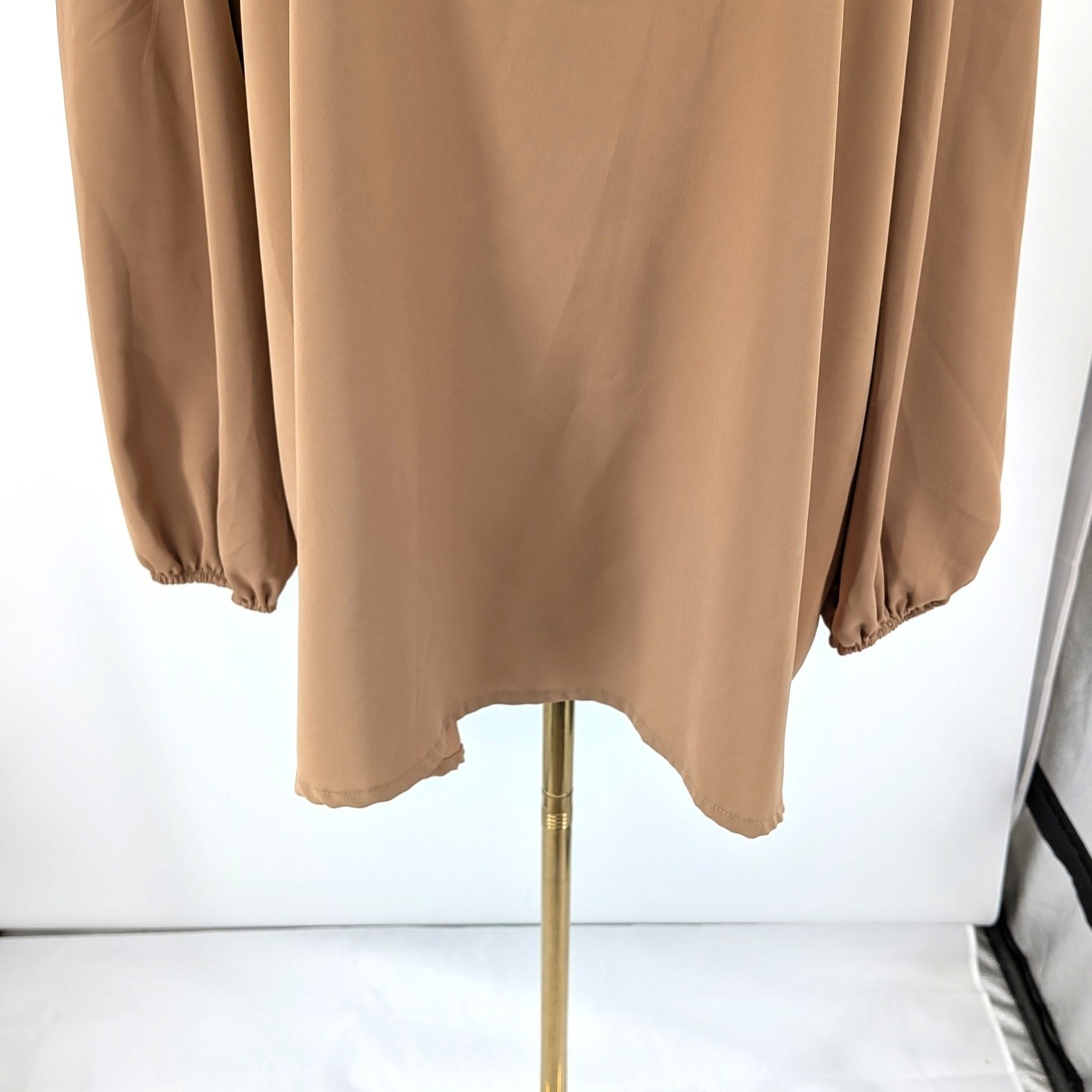 Sheer Yoke Blouse Floral Mesh Tie Neck Flowy Tan Black Oversized