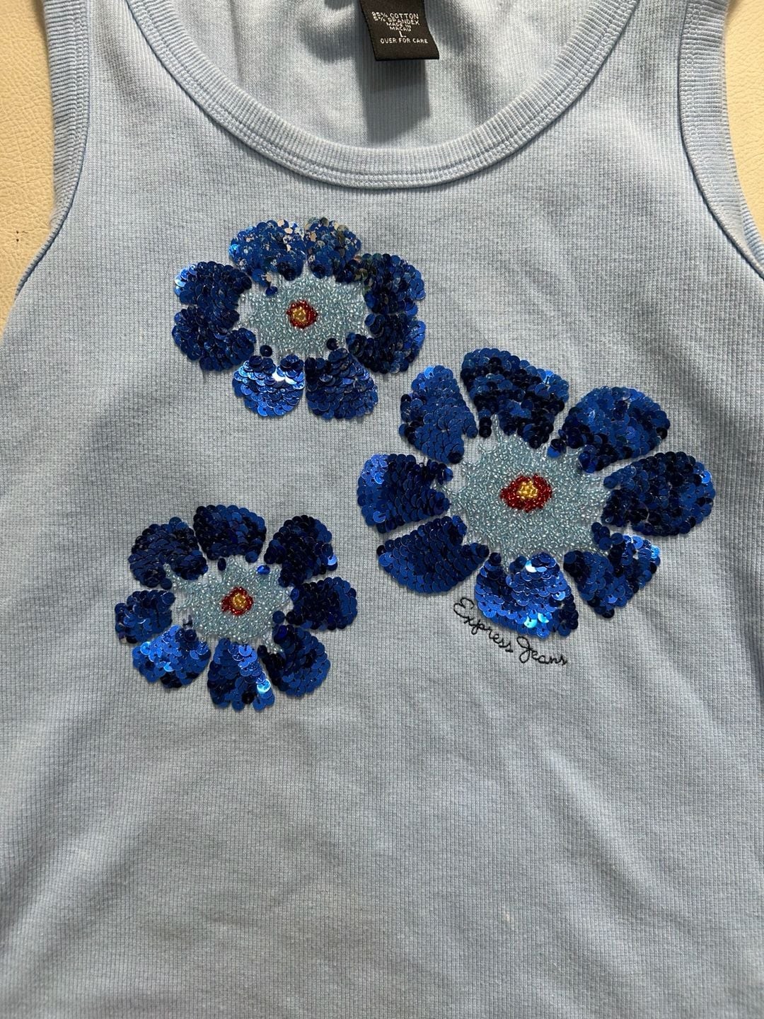 Express Jeans Women’s Light Blue Ribbed Tank Top with Sequin Flower Detail