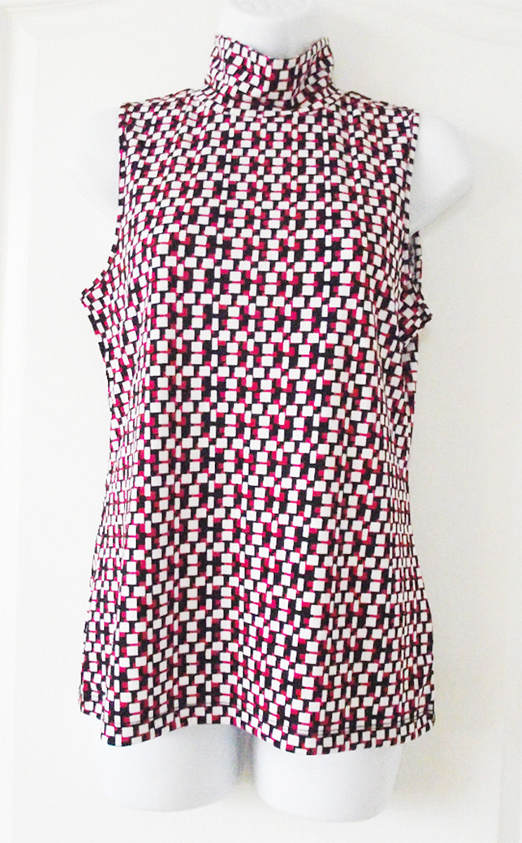 DKNY GEOMETRIC WHITE RED BLACK POLYESTER SLEEVELESS CASUAL TOP BLOUSE S TAG $175