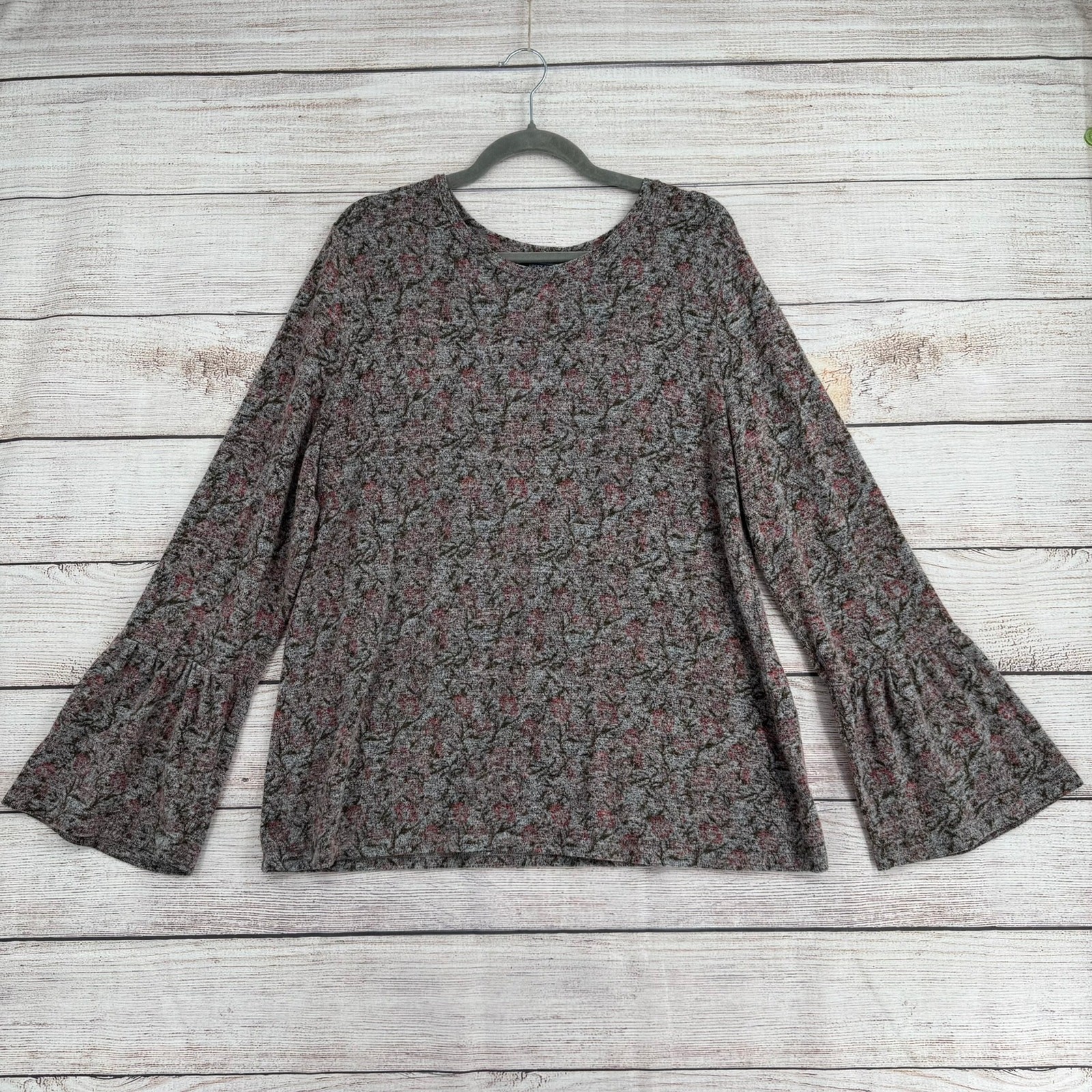 Lucky Brand Floral Knit Long Sleeve Blouse Womens XL Gray Green Pink