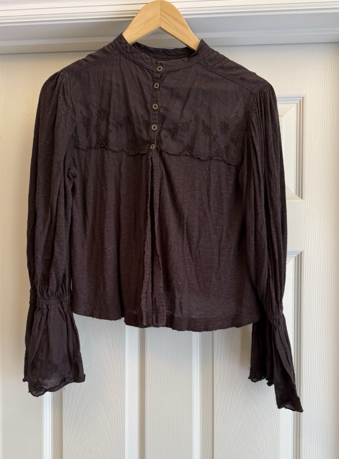 Free People Blouse Women XS Brown Boho Embroidered Lace Bell Sleeve Mock Neck