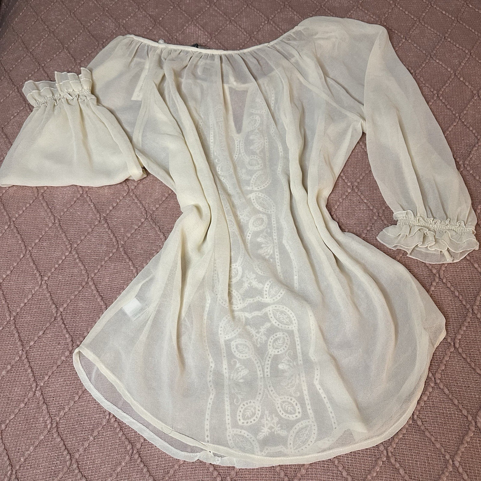 Romantic Sheer Ivory Peasant Blouse Embroidered Bow boho 3/4 ruffle sleeve indie