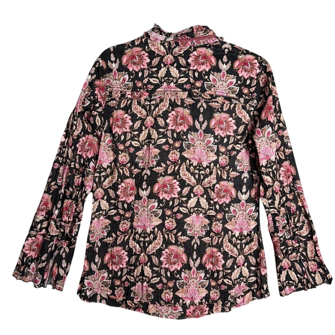 Cino Floral Ruffle Button Blouse Black Pink Cotton Cottagecore Romantic Top L