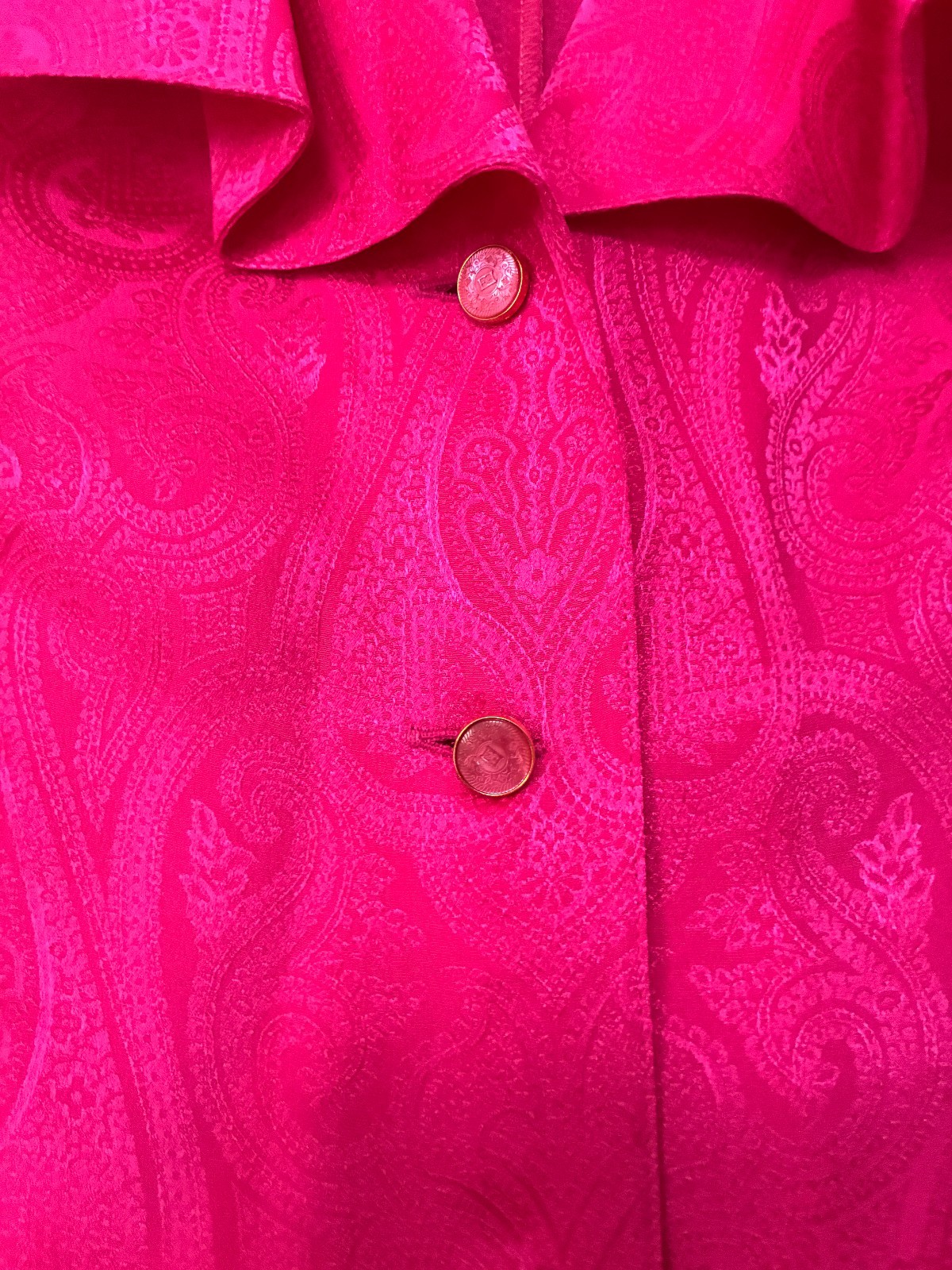 $800 ESCADA SILK BLOUSE IN FUCHSIA FRENCH CUFFS RUFFLED FRONT 36 S-M GERMANY