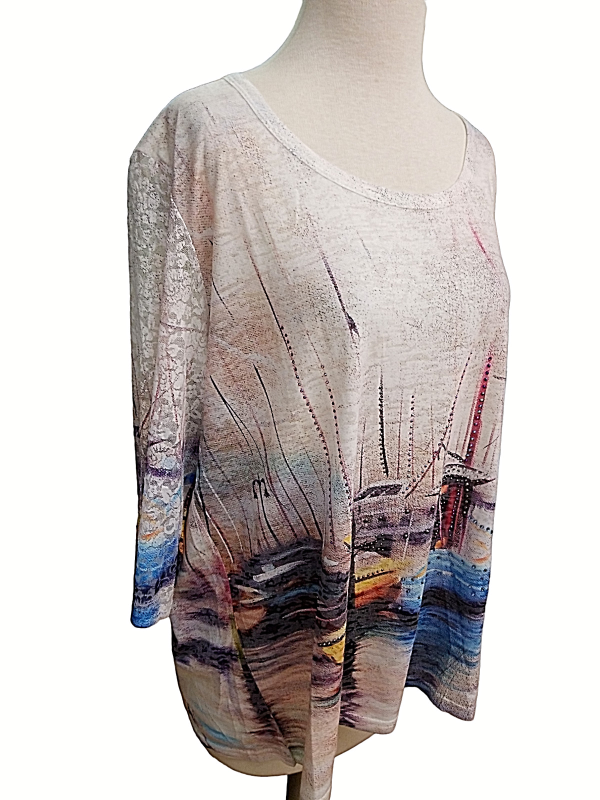 Zuriet Blouse Women’s L/XL Plus Blue Cream 3/4 Lace Sleeve Rhinestone Boat New