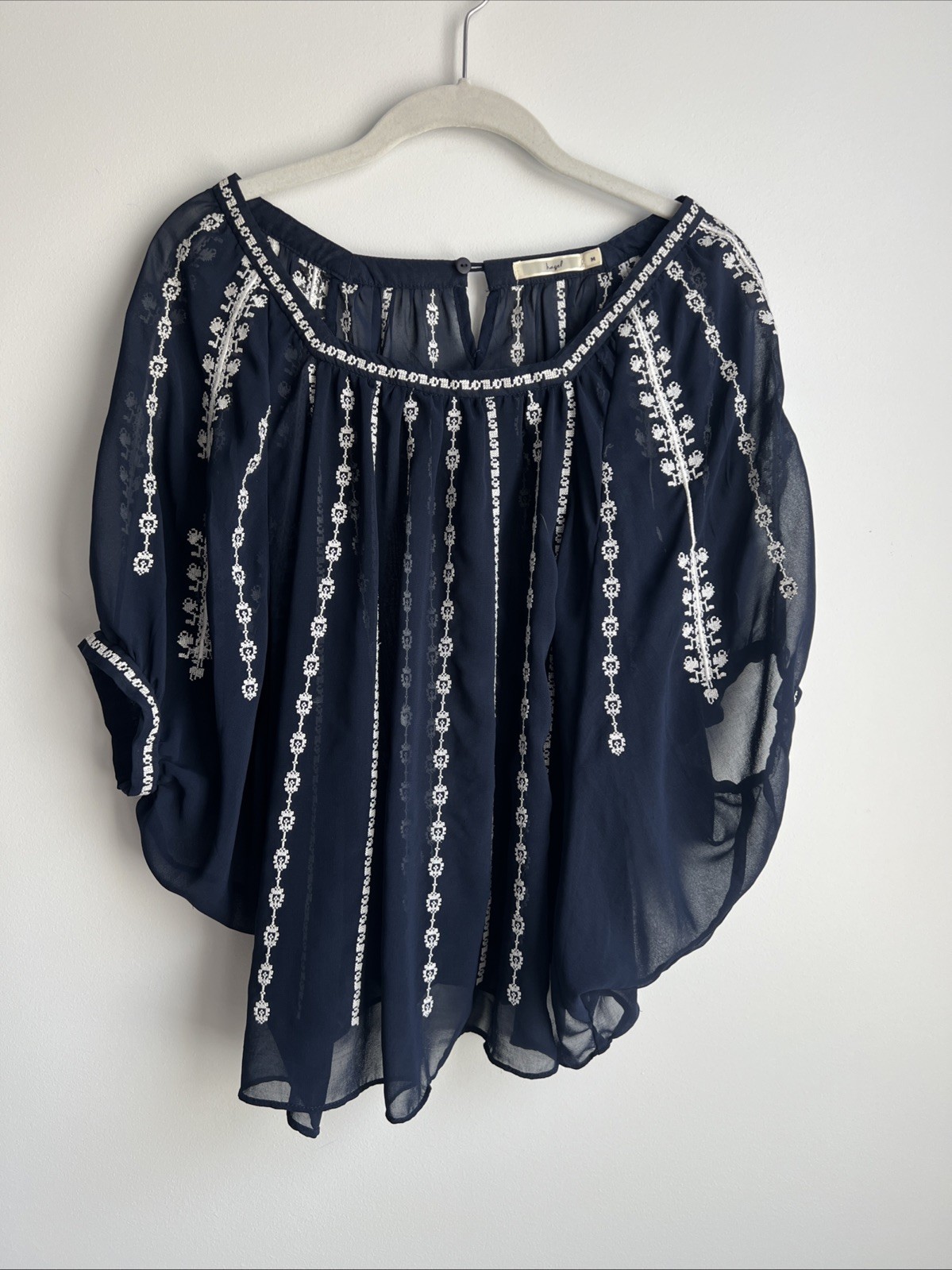 Anthropologie Hazel Sheer Embroidered Boho Blue White Blouse Dolman Sleeve M