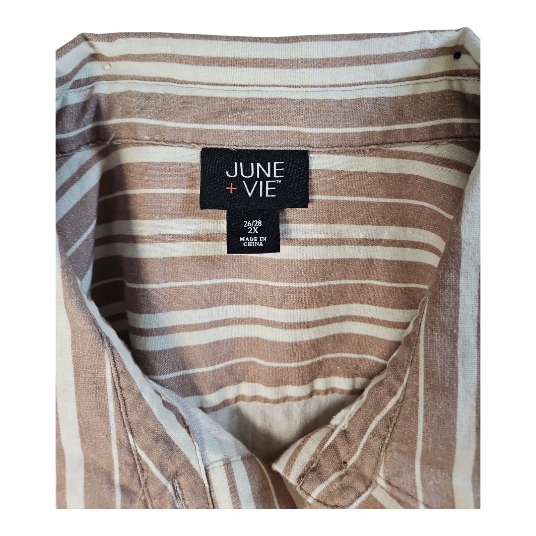 JUNE + VIE Tan Striped 3/4 Sleeve Linen Tunic Size 2X 26/28
