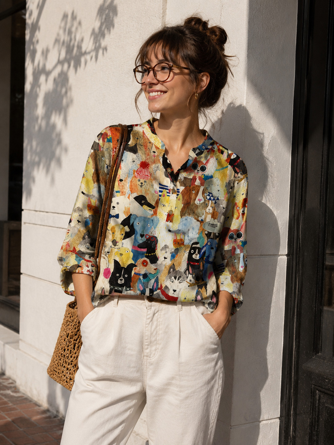 Misslook Womens Dog Print Blouse Top Size L Whimsical Animal Art Button Accent