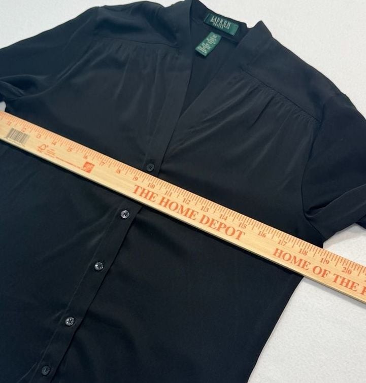 Lauren Ralph Lauren Petite Medium Black Button Front Blouse Long Sleeve V Neck