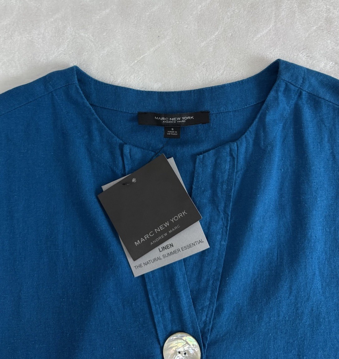 NWT Marc New York Size S Linen Viscose Tunic Teal Blue Mother Of Pearl Button