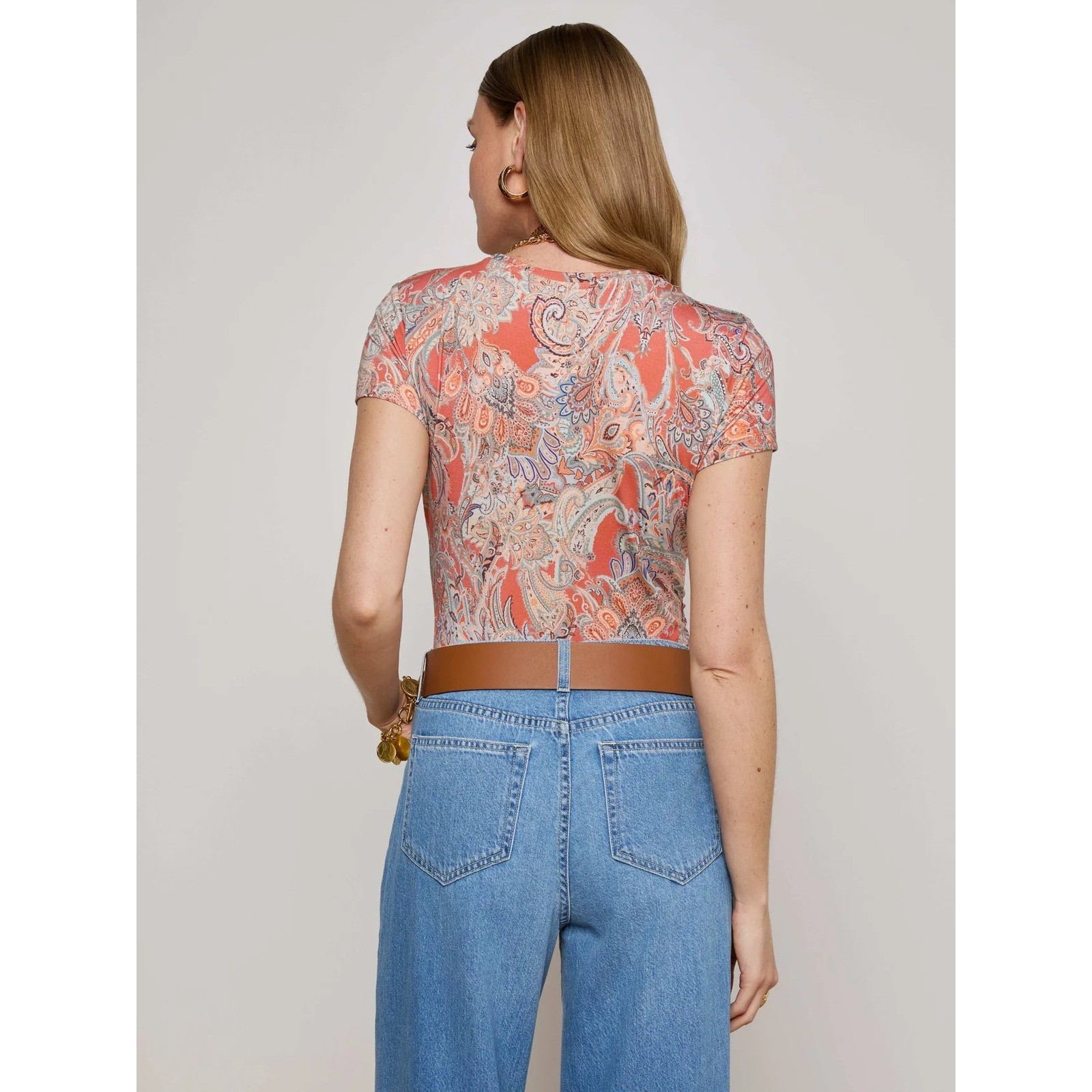 L’AGENCE Ressi Fitted Tee Orange Light Blue Paisley Women XS Soft Micro Rib NEW